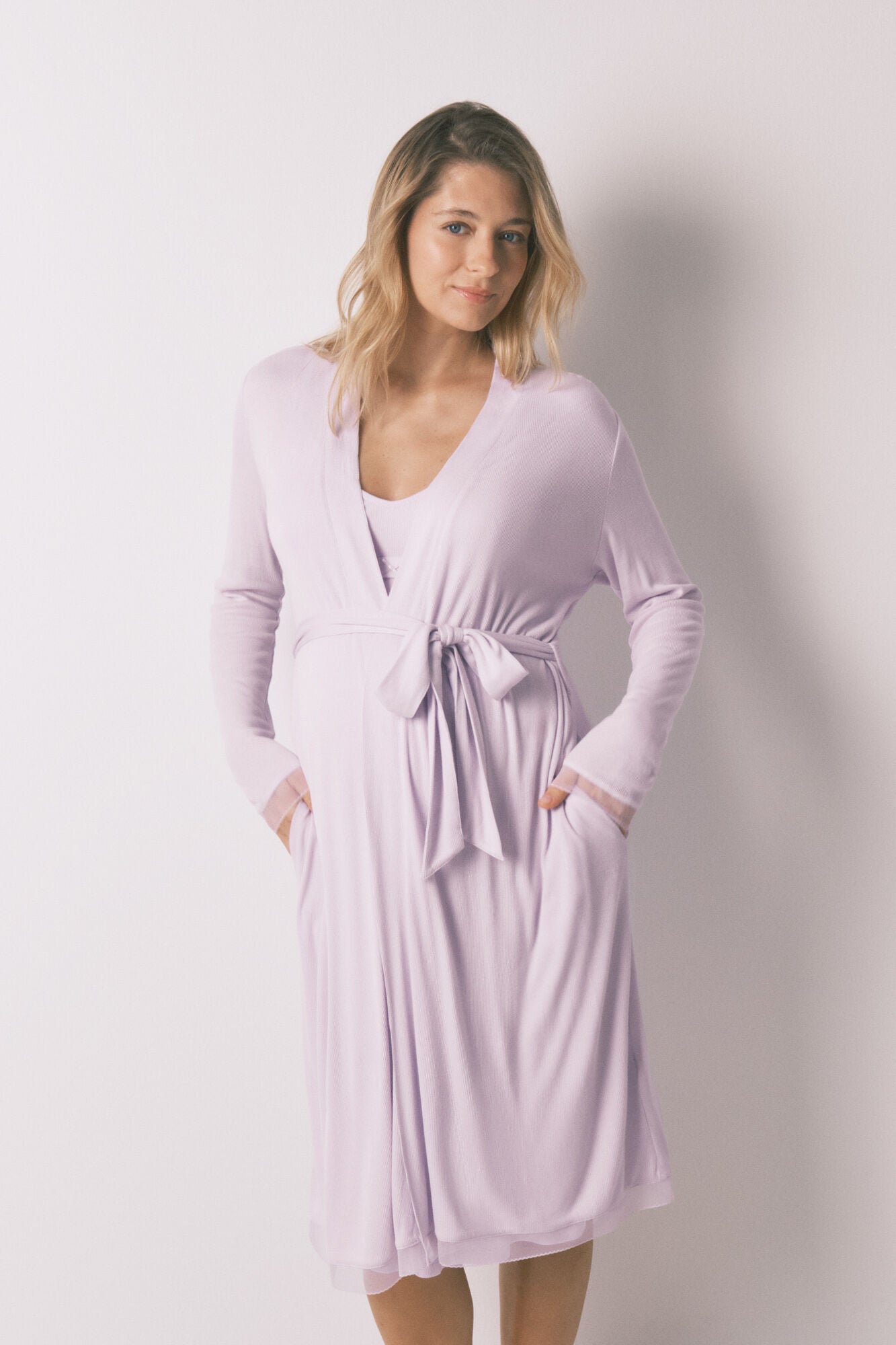 Lilac ribbed midi maternity robe