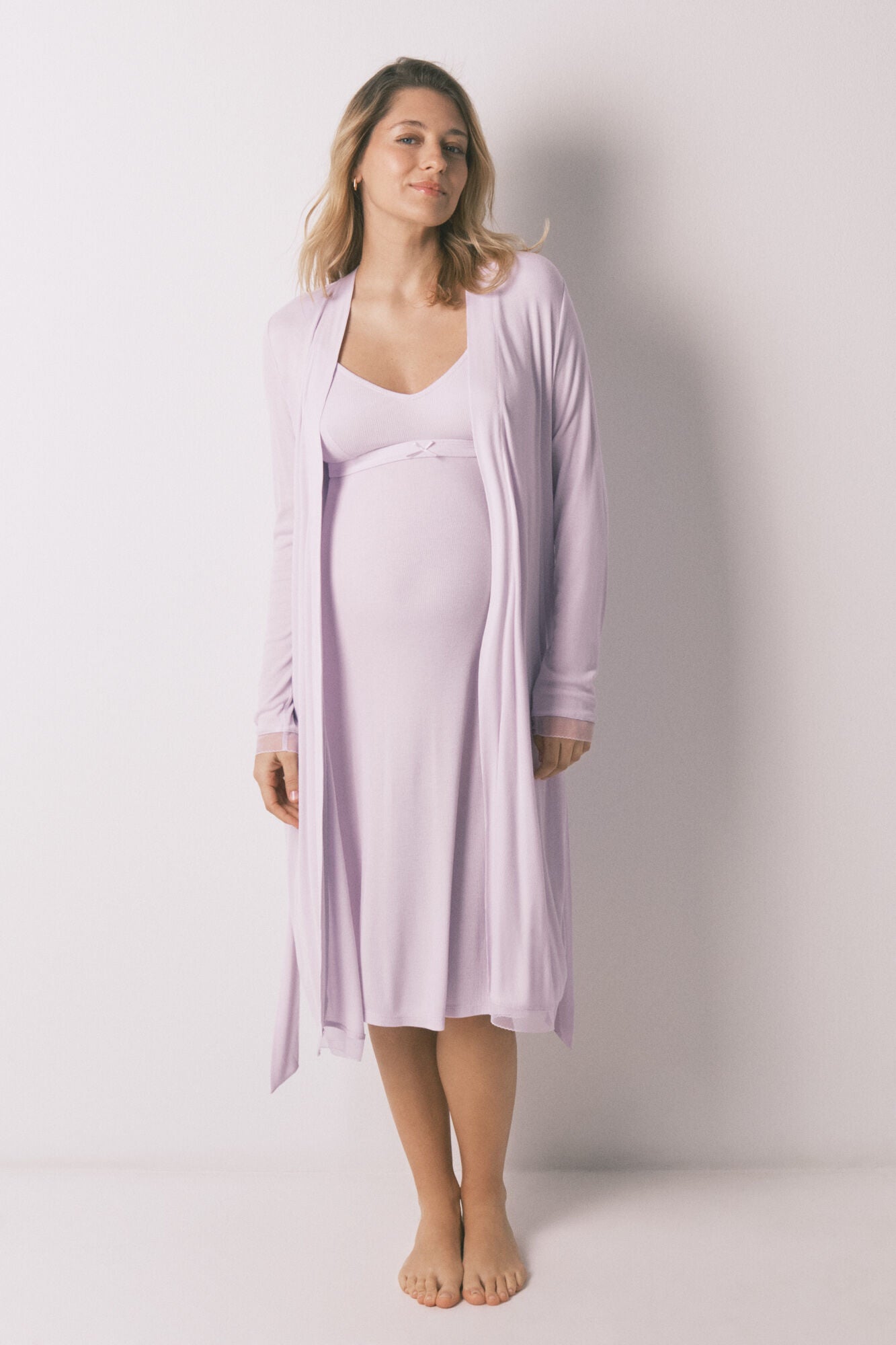 Lilac ribbed midi maternity robe