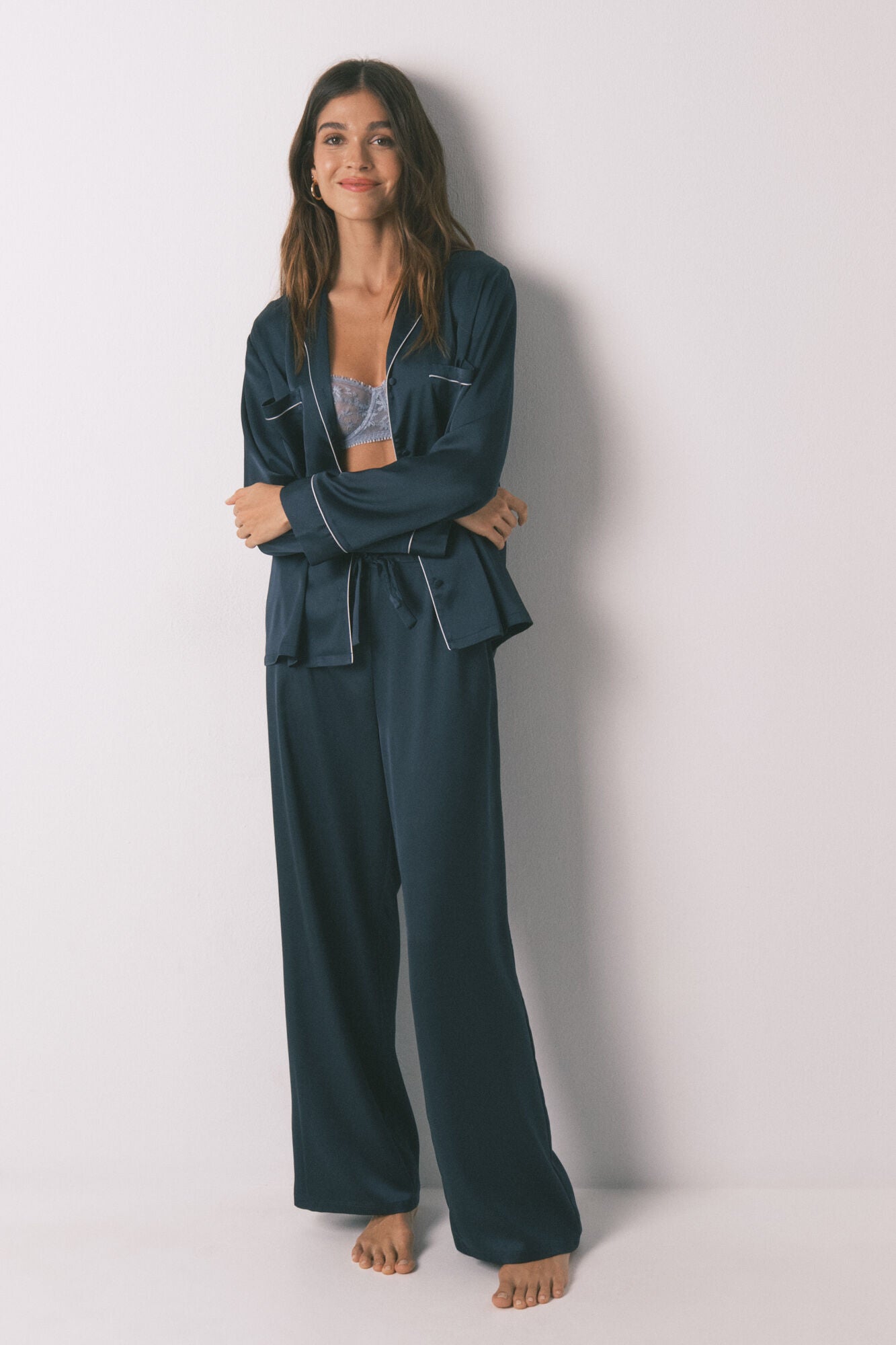 Long blue satin classic pyjamas
