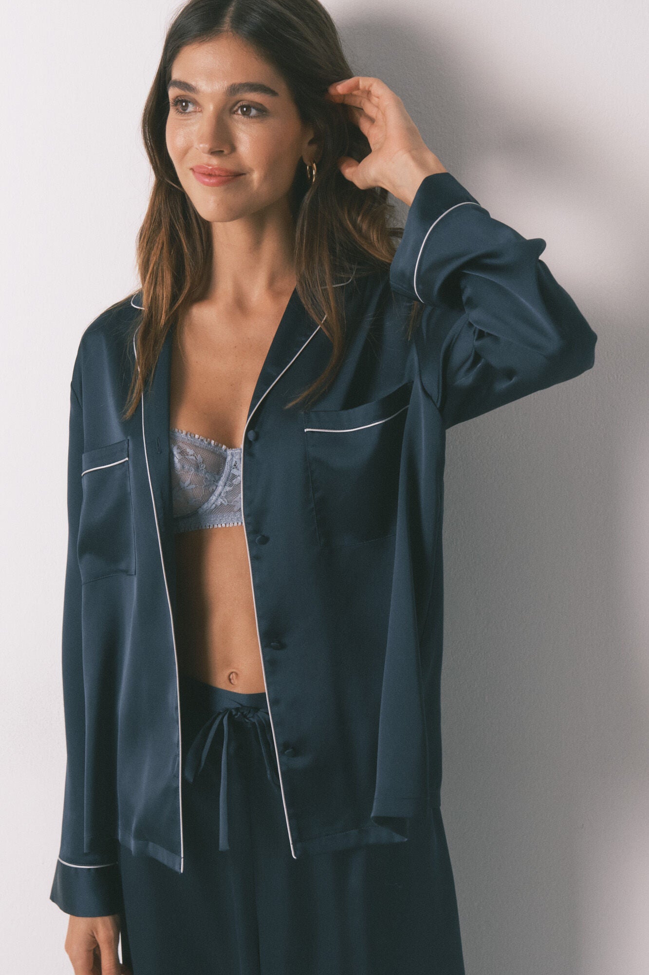 Long blue satin classic pyjamas