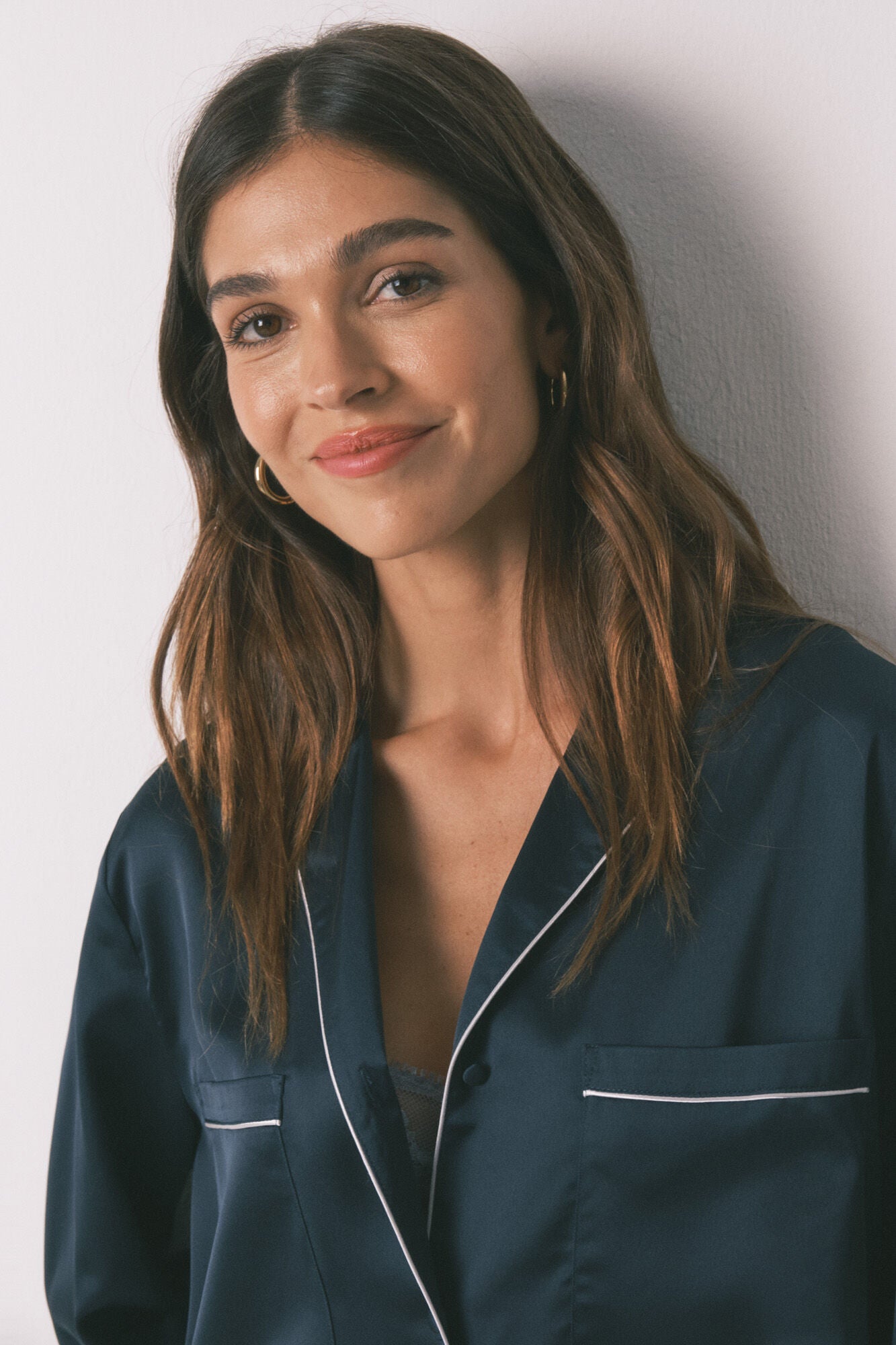 Long blue satin classic pyjamas