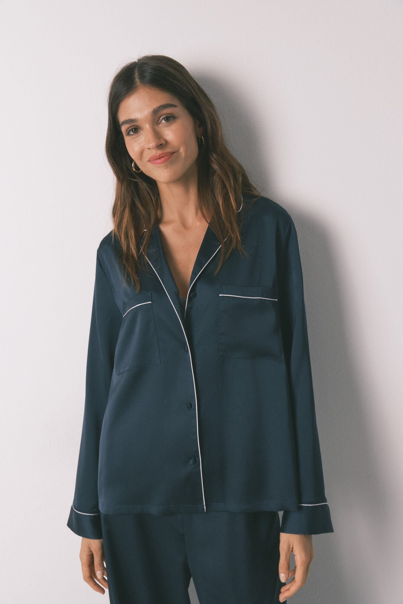 Long blue satin classic pyjamas