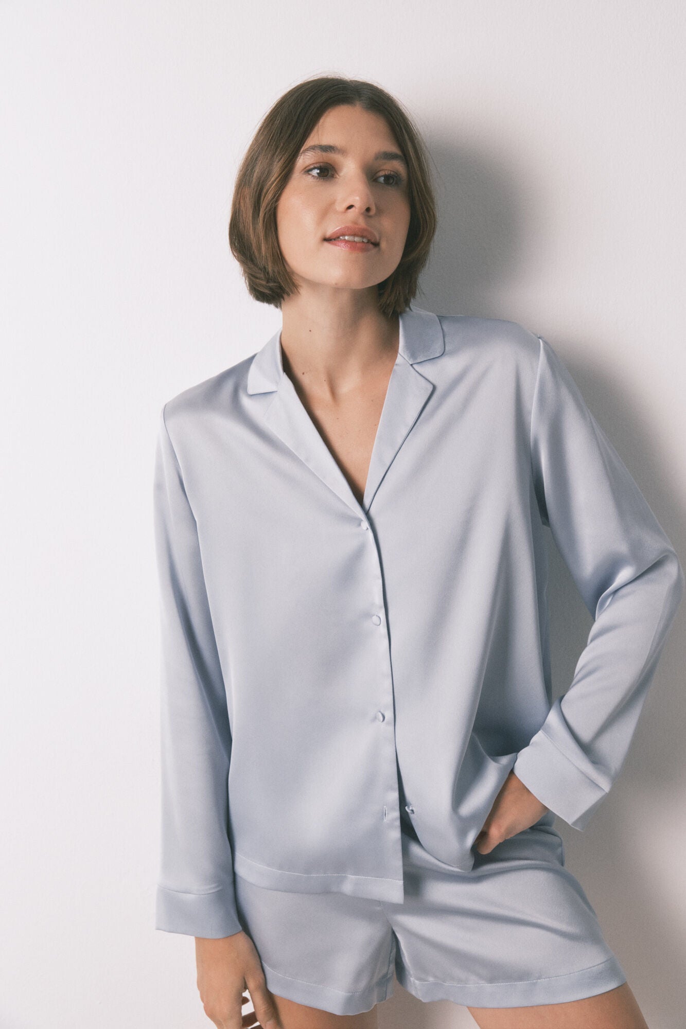 Blue satin short shirt pajama set