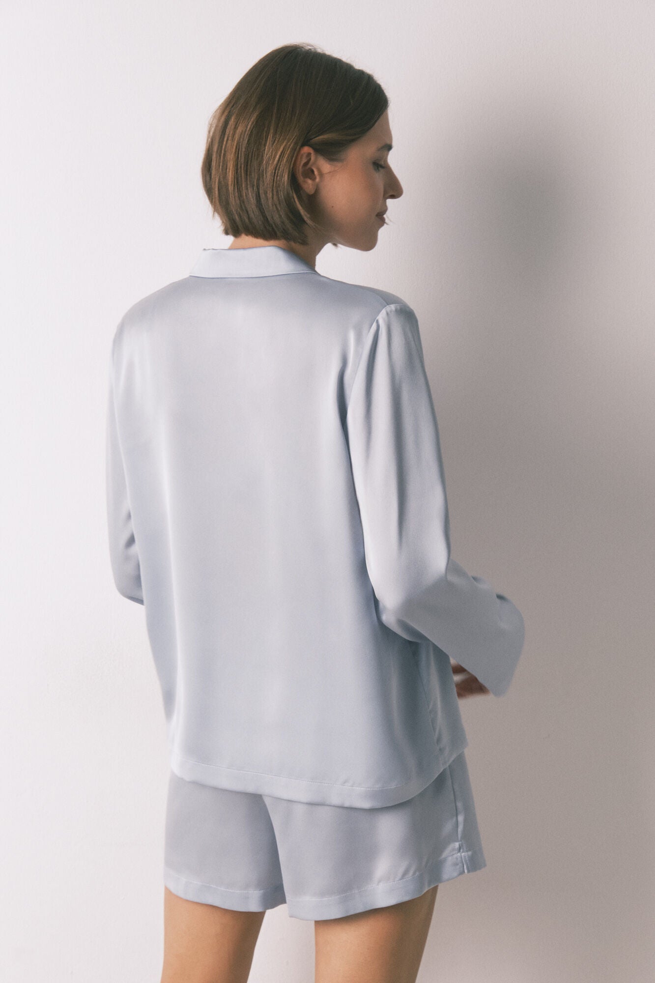 Blue satin short shirt pajama set