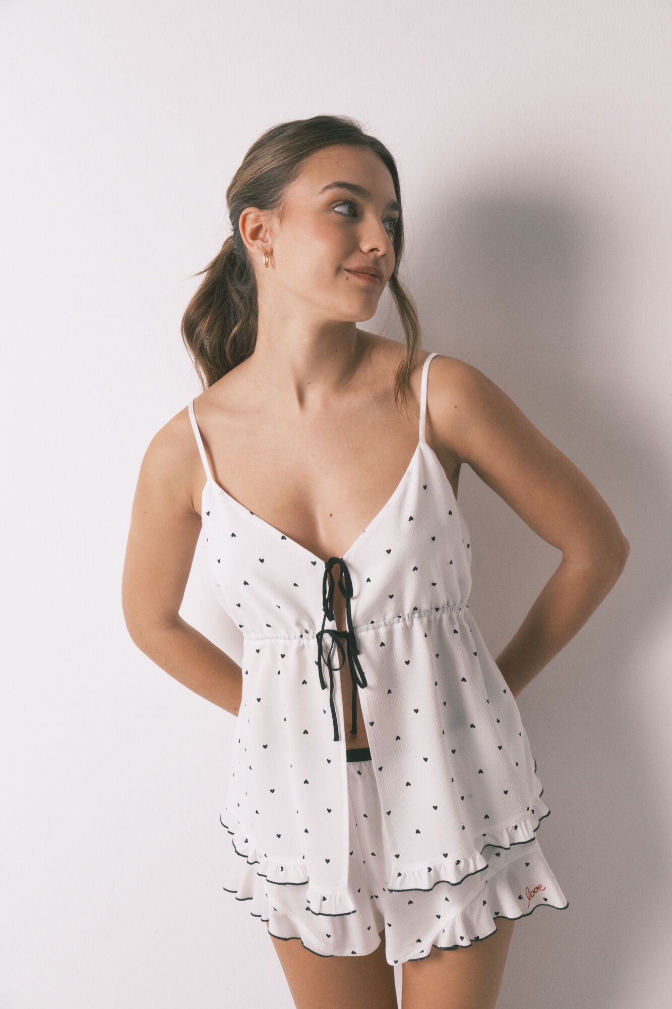 White strappy heart print short pyjamas