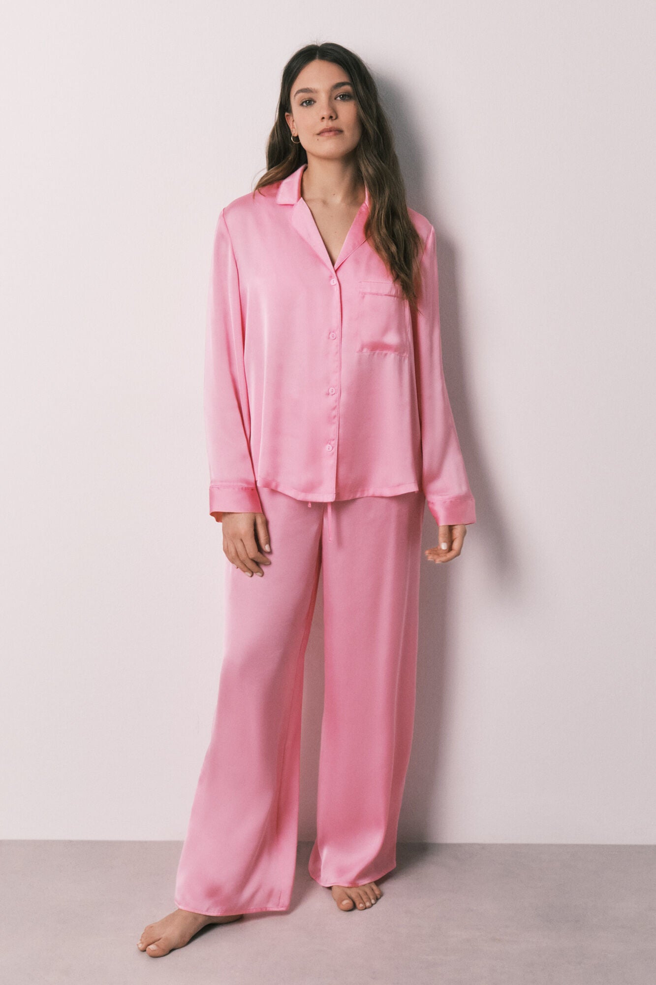Satin Pink shirt-style pajamas