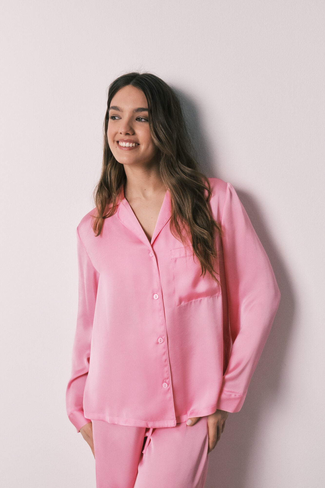 Satin Pink shirt-style pajamas