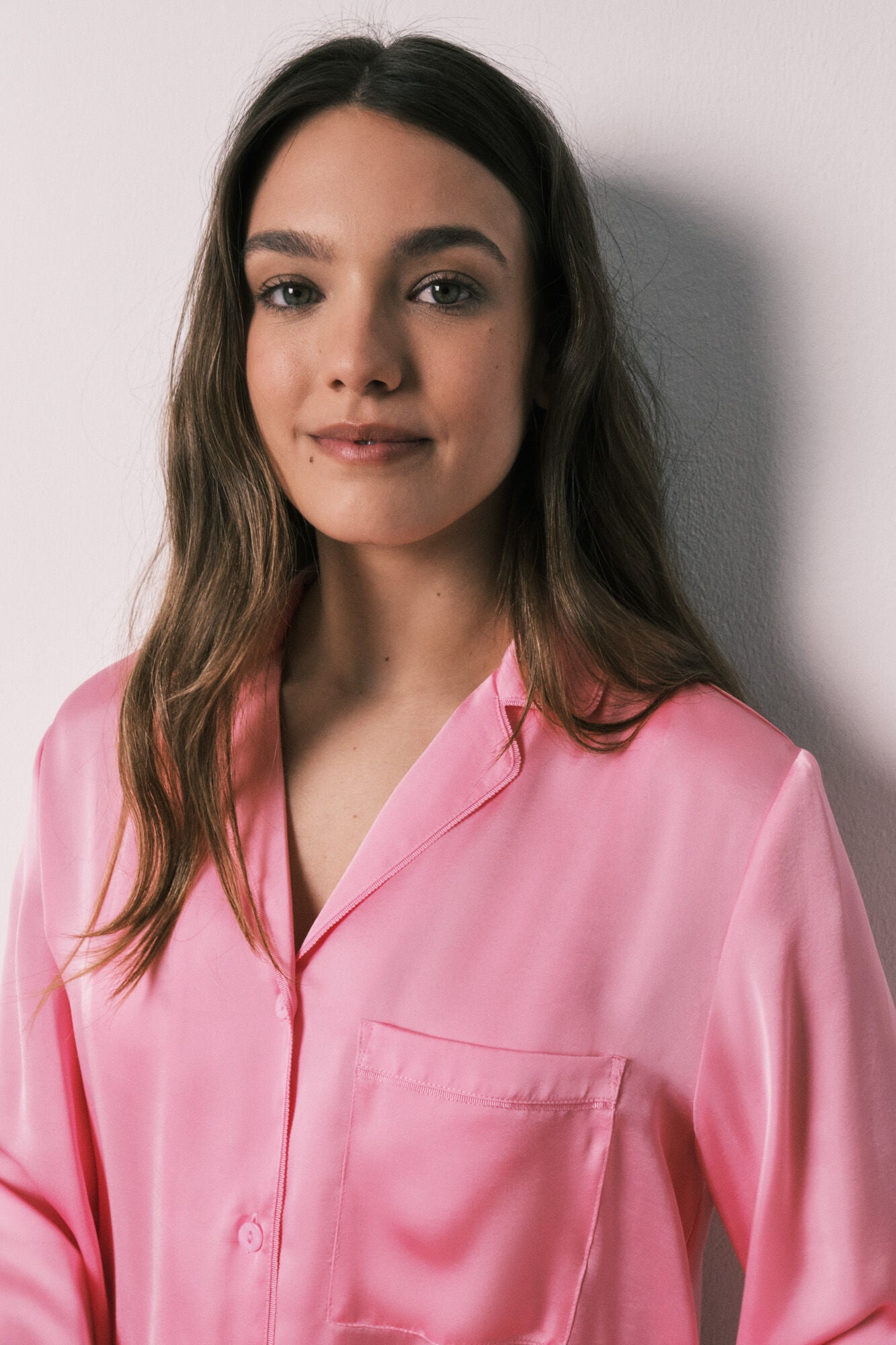Satin Pink shirt-style pajamas