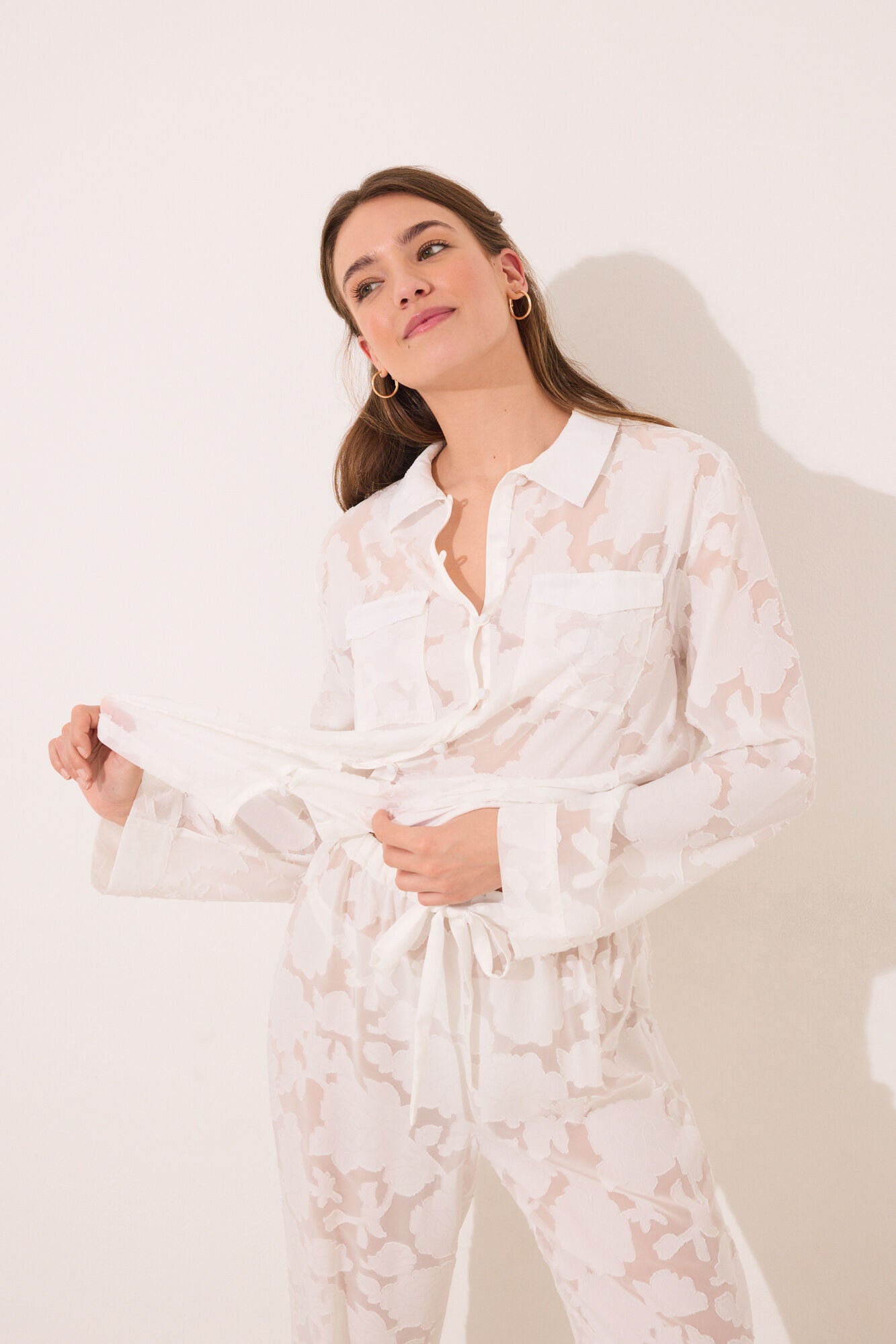 Long white satin pajama shirt