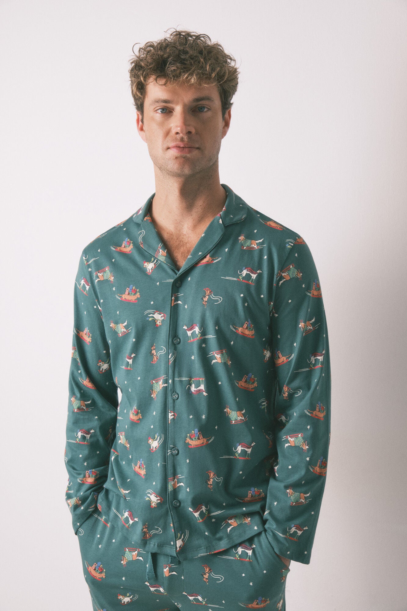 Men's pajama shirt with puppies print, 100% cotton