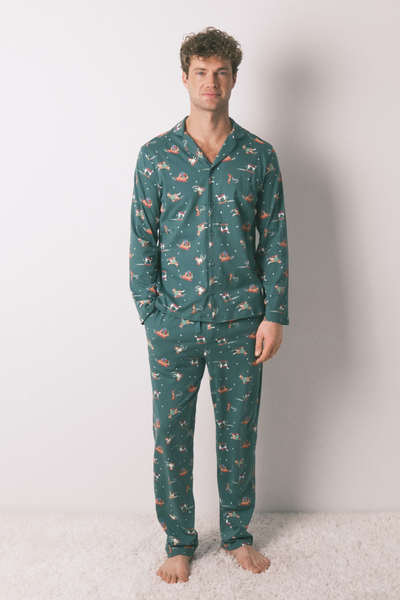 Men's pajama shirt with puppies print, 100% cotton