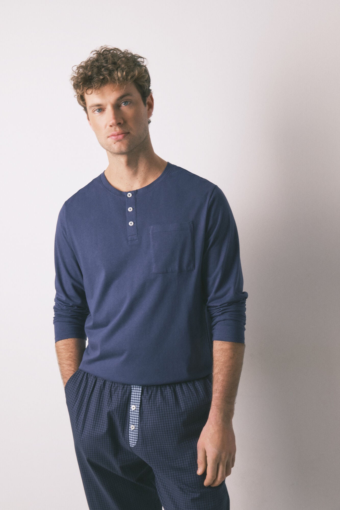 Men's long pyjamas, 100% cotton, blue checkered