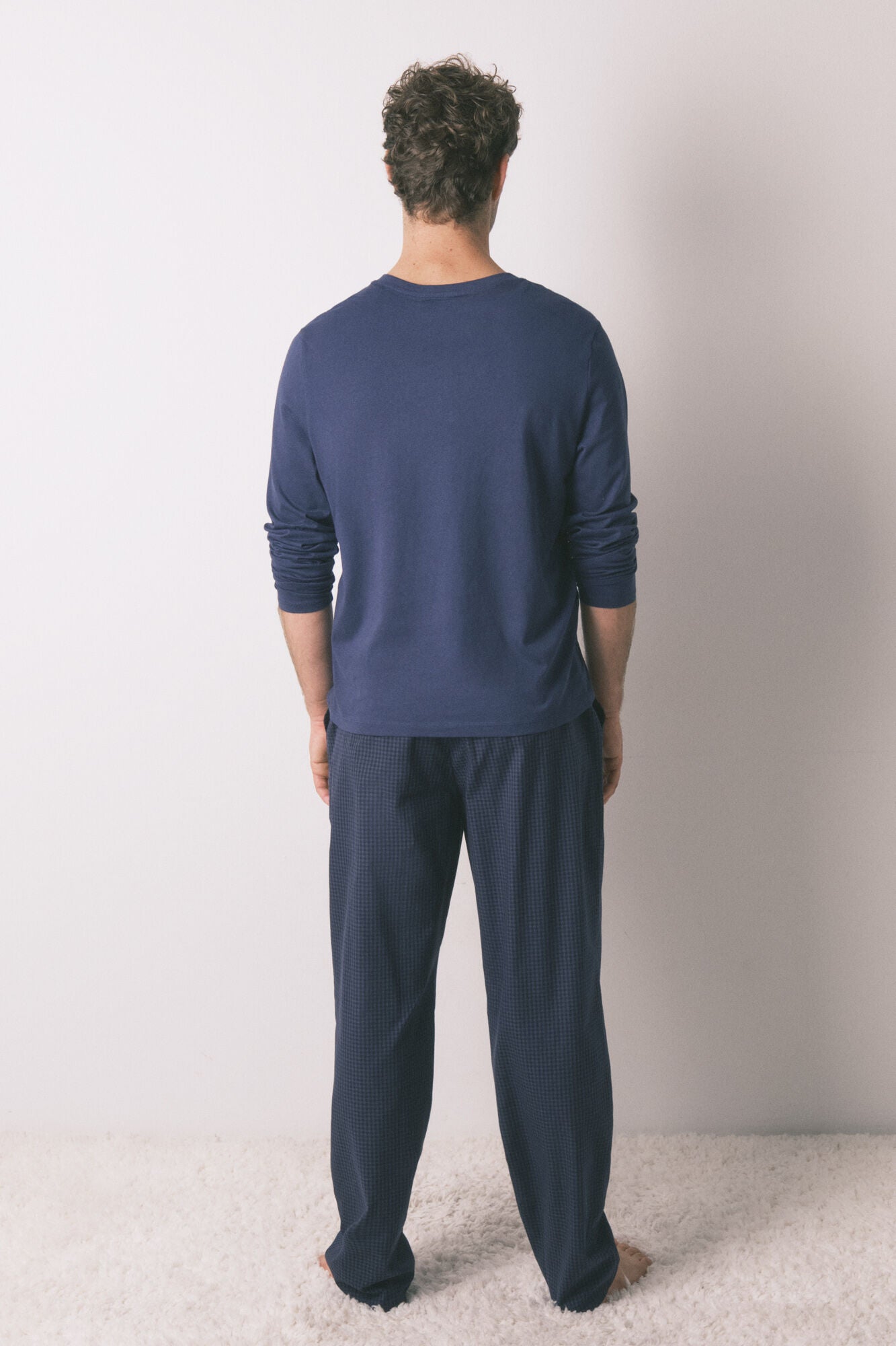 Men's long pyjamas, 100% cotton, blue checkered