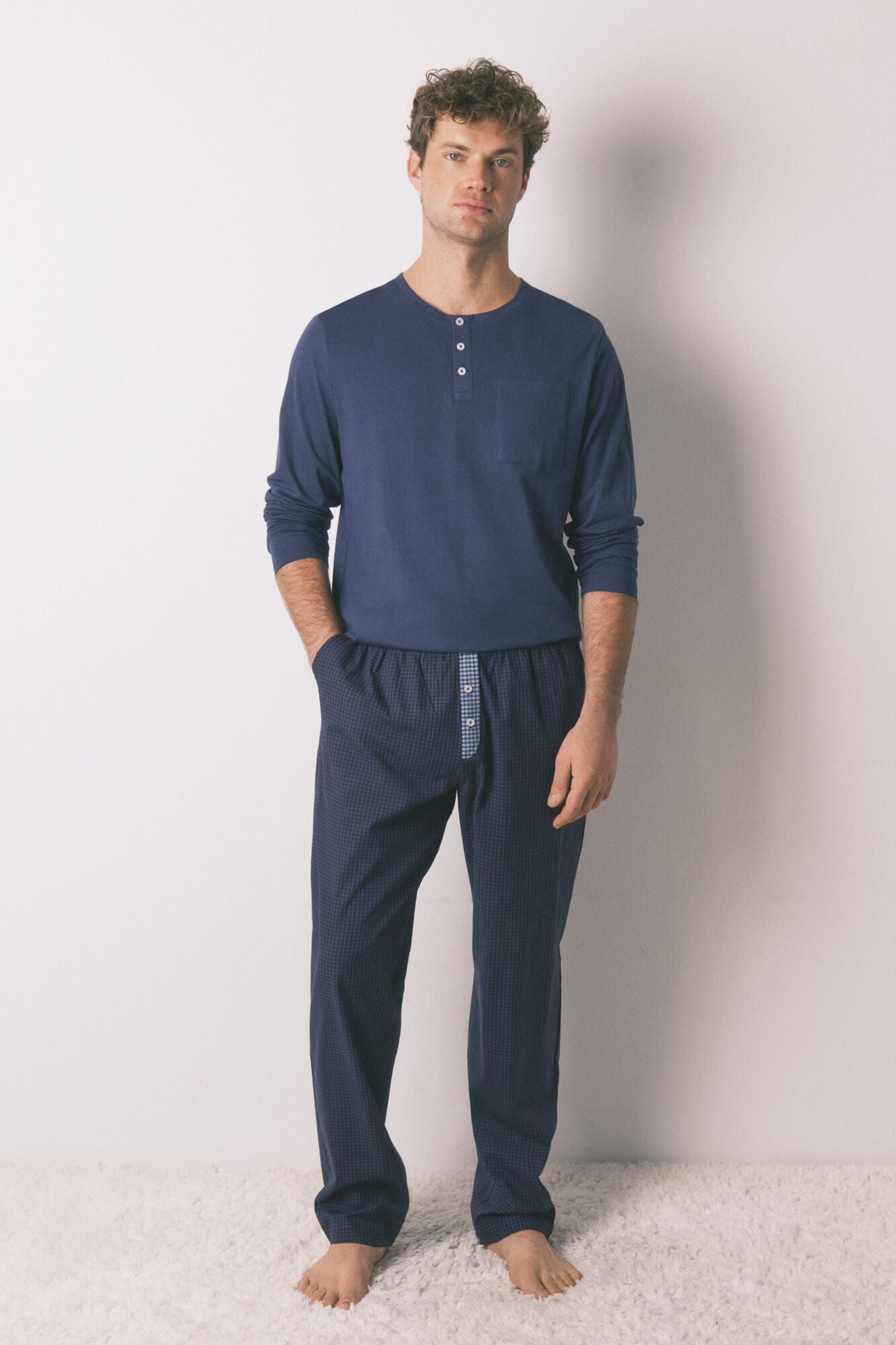Men's long pyjamas, 100% cotton, blue checkered