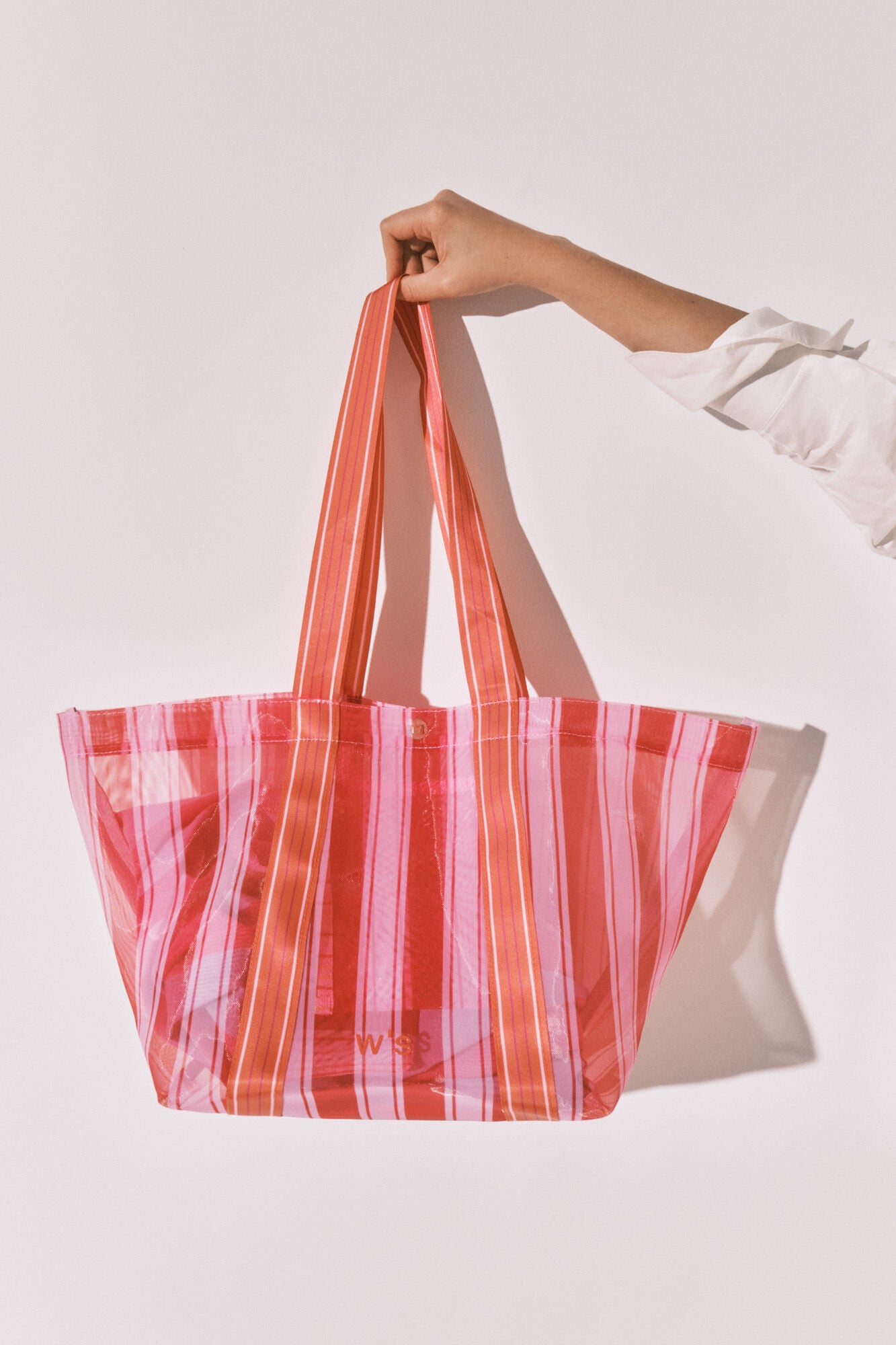Striped mesh large handbag