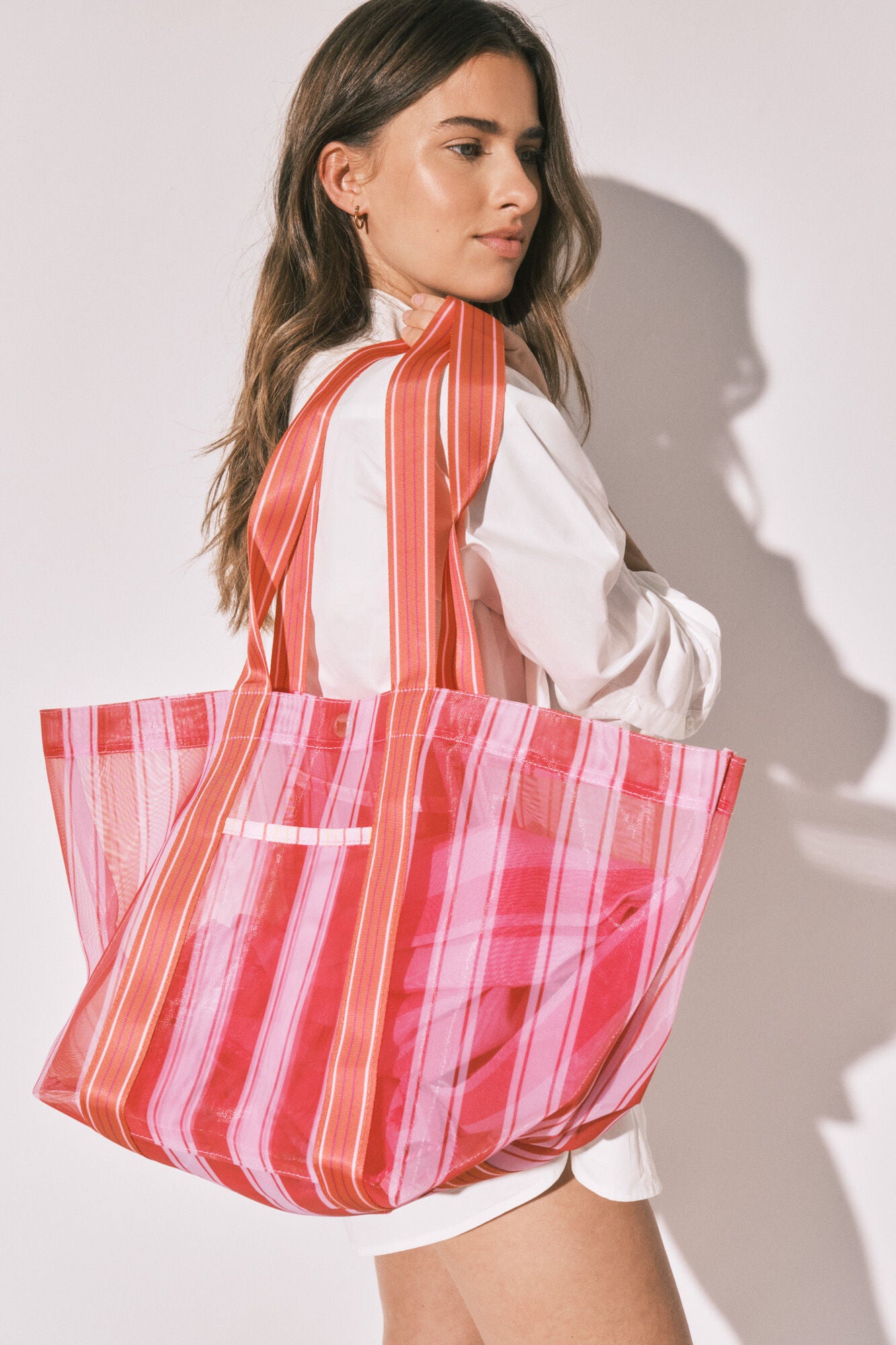 Striped mesh large handbag