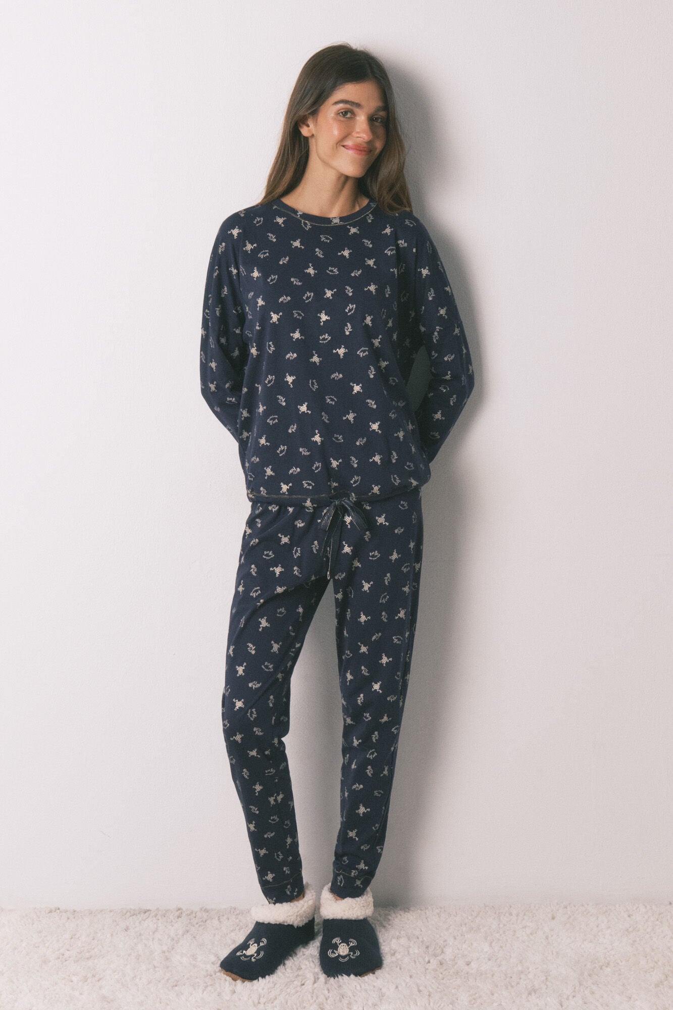 Long pajamas, 100% cotton, blue with frog print