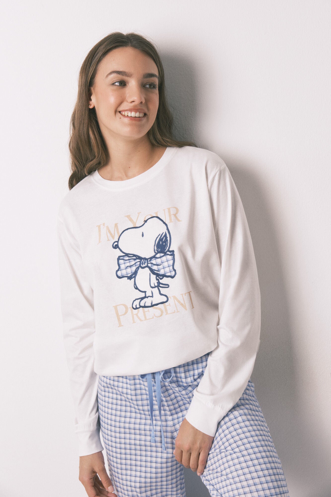 Snoopy Gingham Cotton Long Pyjamas