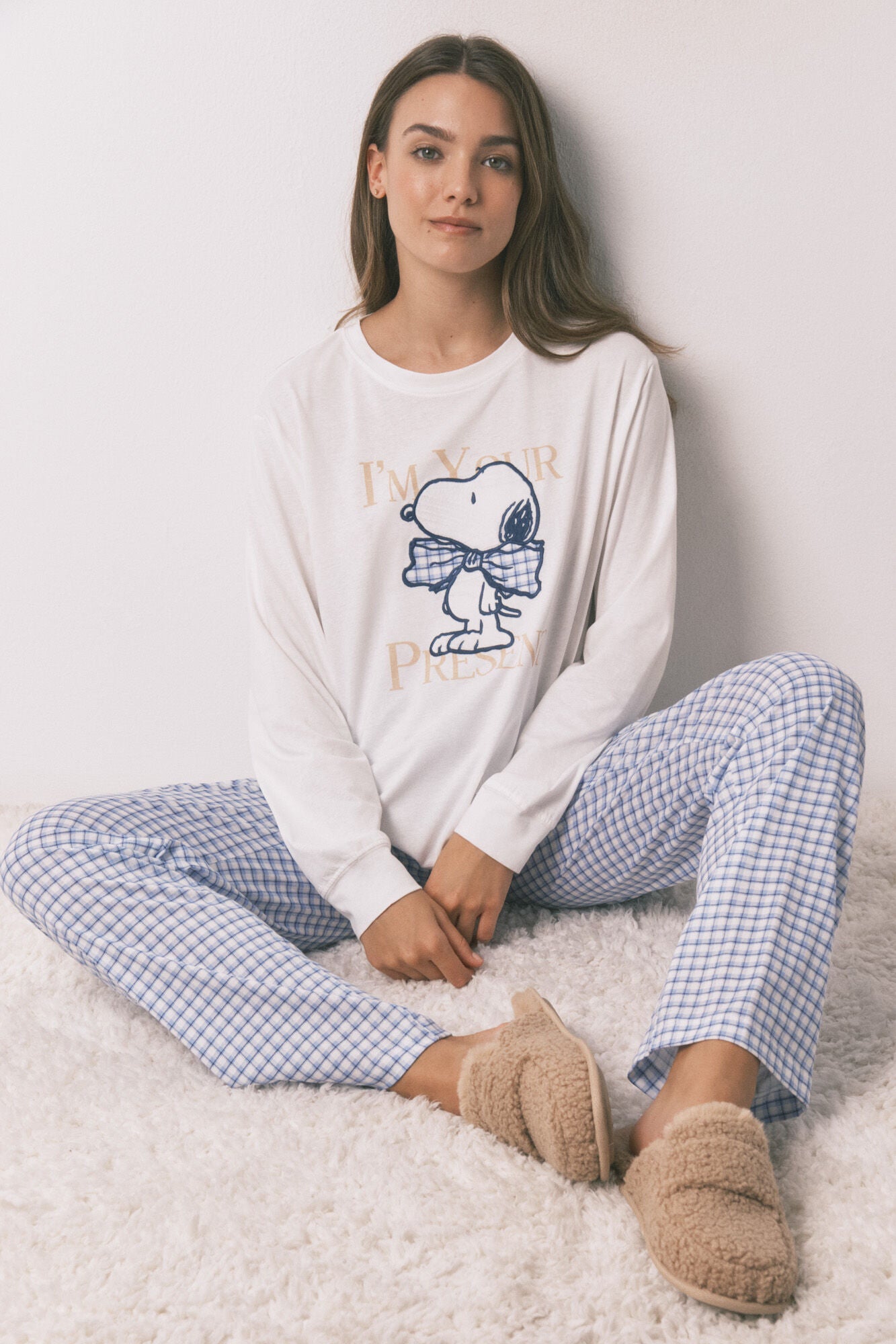 Snoopy Gingham Cotton Long Pyjamas