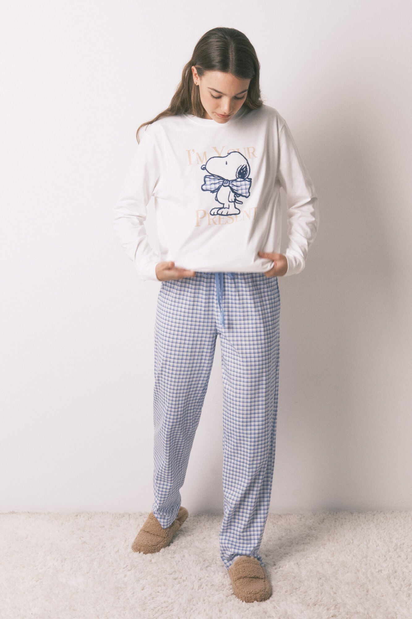 Snoopy Gingham Cotton Long Pyjamas