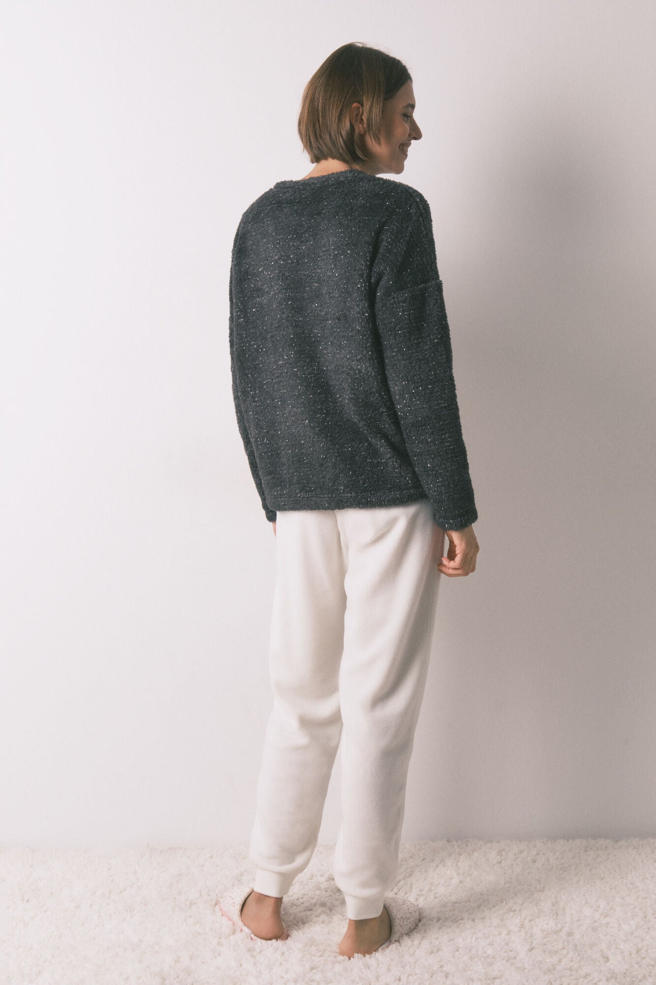 Pingu embroidered soft fur long fleece pajamas