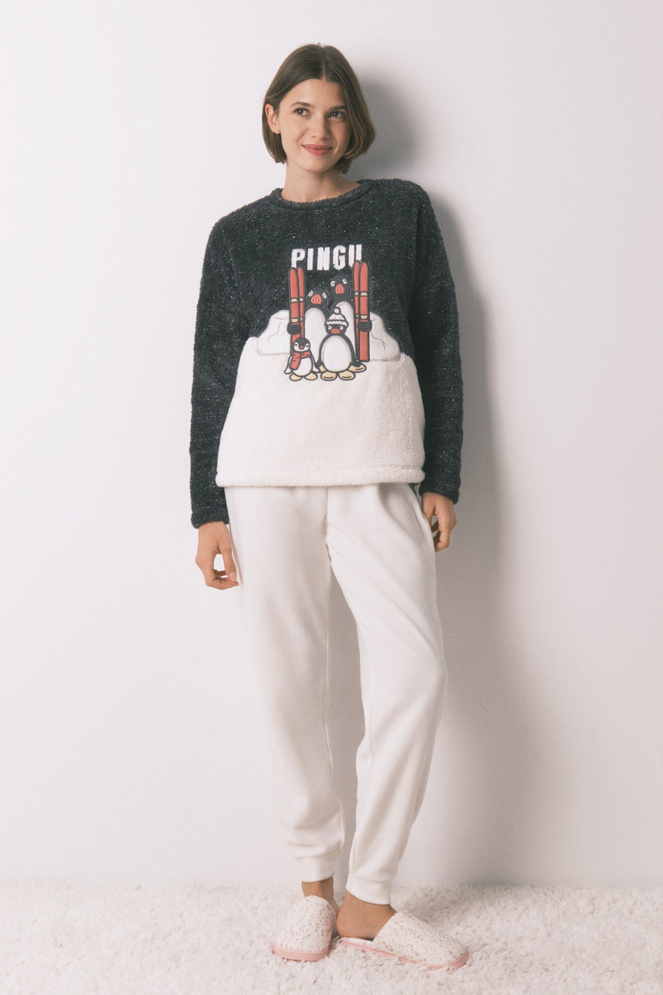 Pingu embroidered soft fur long fleece pajamas