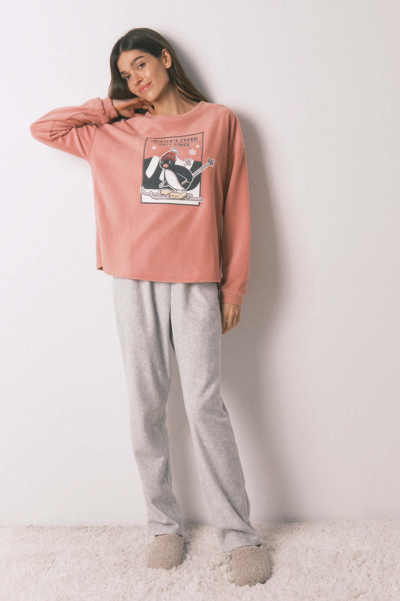 Pingu soft pink and grey fleece long pajamas