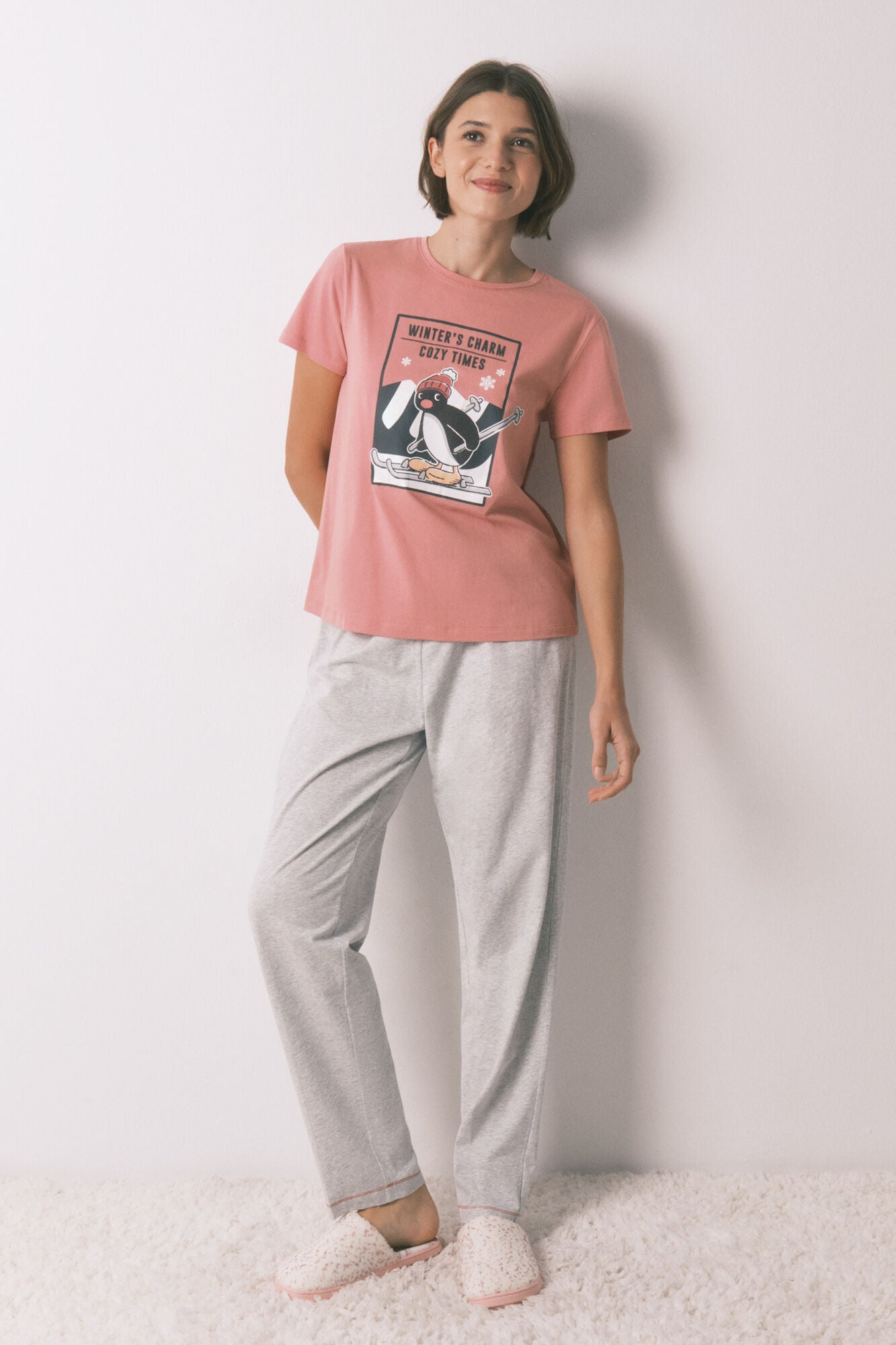 Pingu pink 100% cotton long pajamas