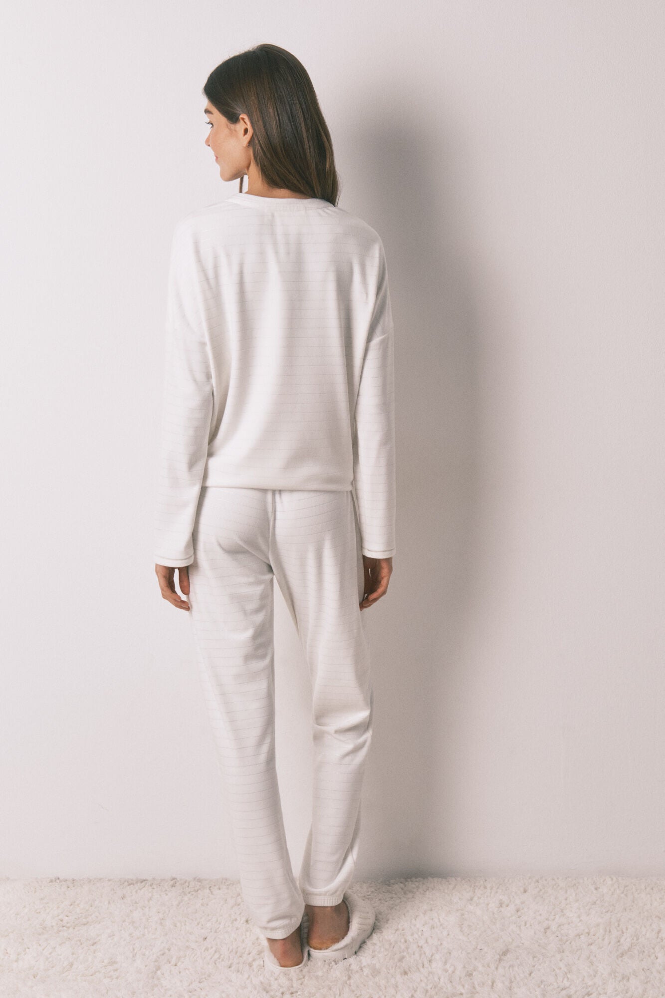 Long fleece pajamas with lurex stripe print