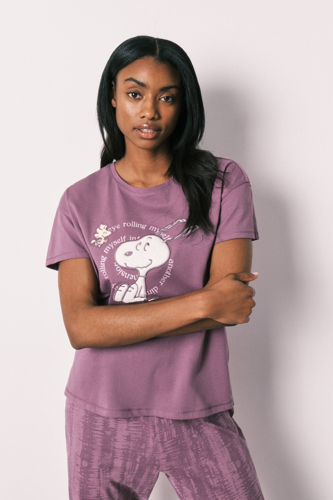 Purple cotton short sleeve long pyjamas Snoopy