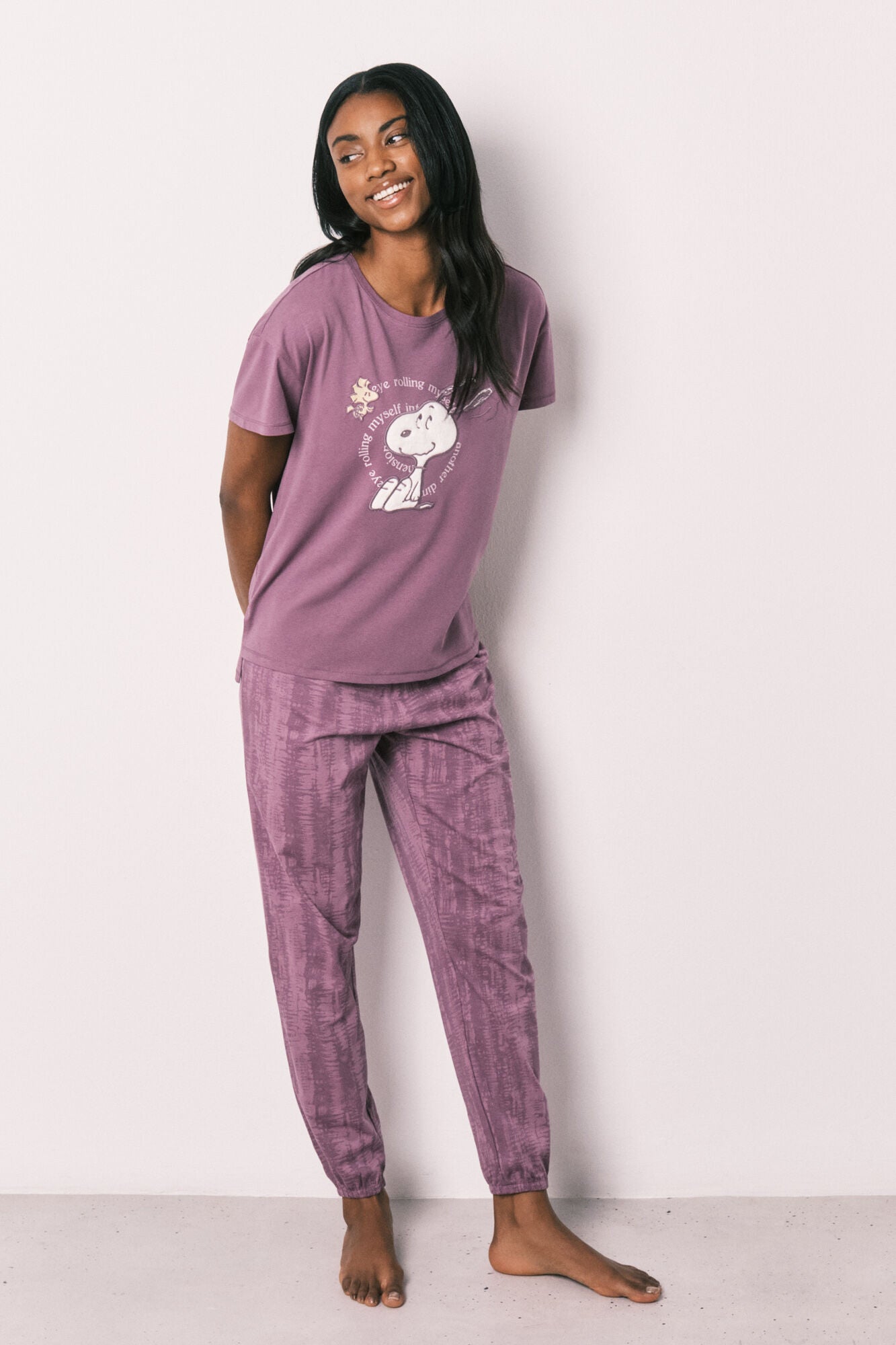 Purple cotton short sleeve long pyjamas Snoopy