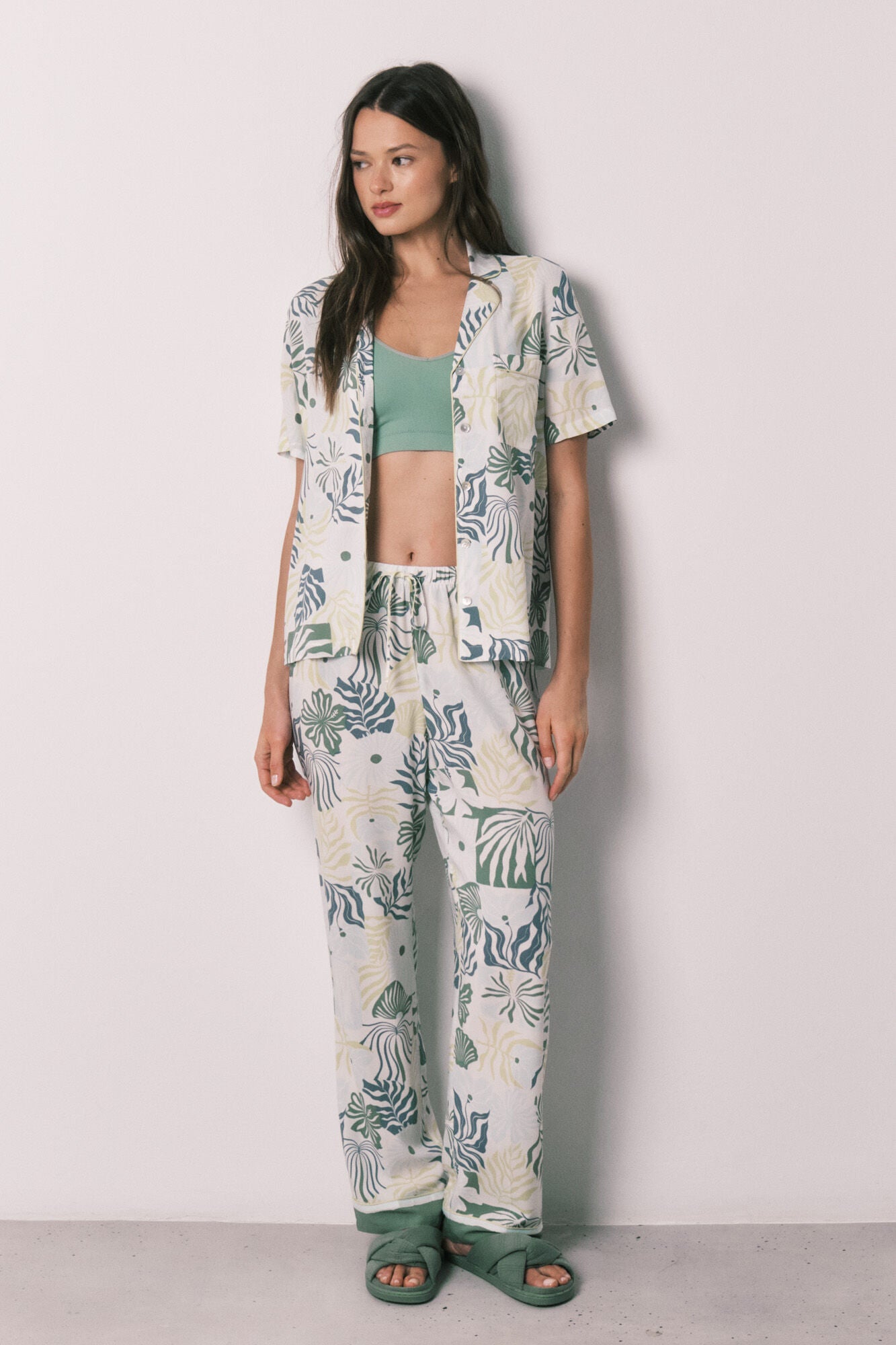 Tropical print long shirt pajamas