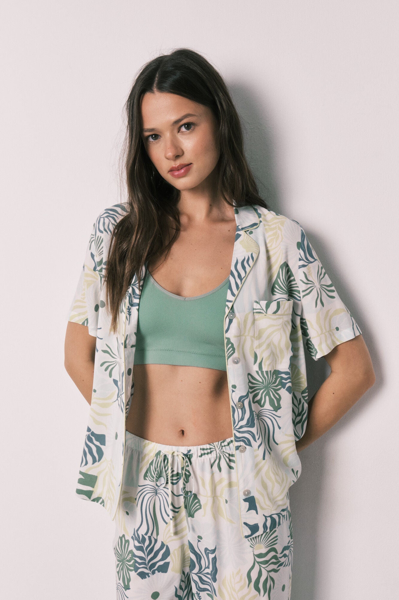 Tropical print long shirt pajamas