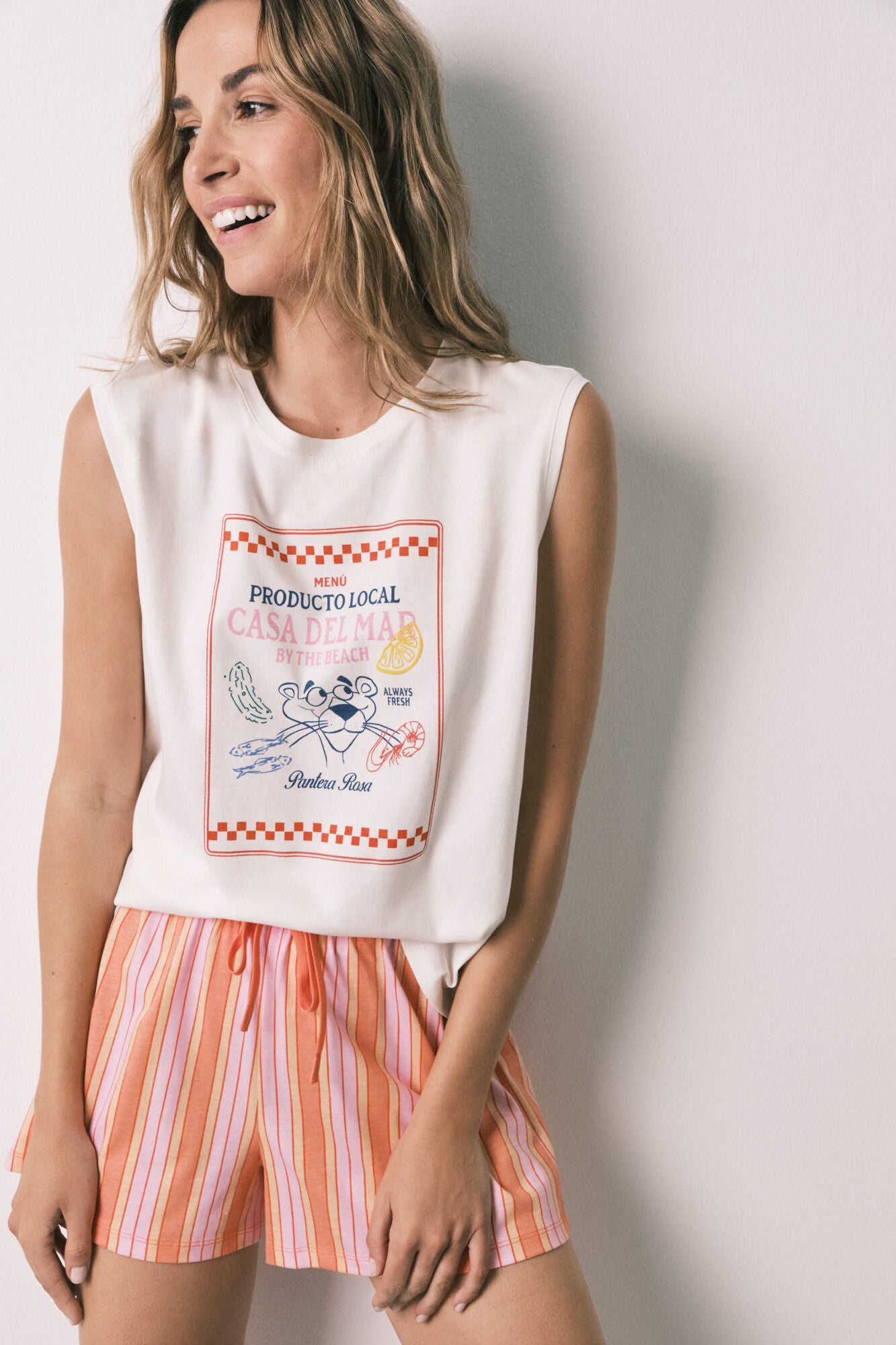 Striped pink panther cotton short pyjamas