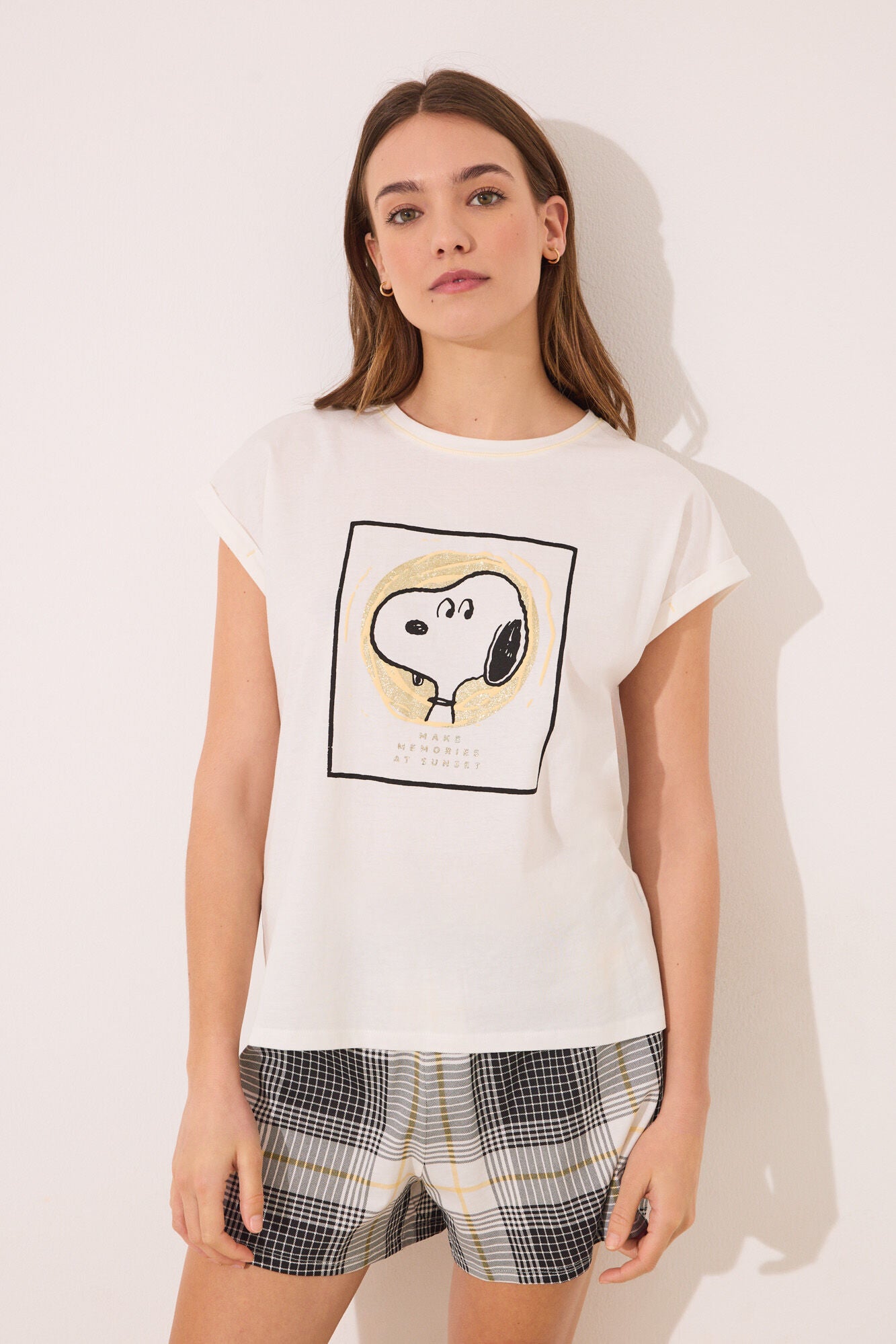Snoopy cotton short pyjamas with checkered pattern