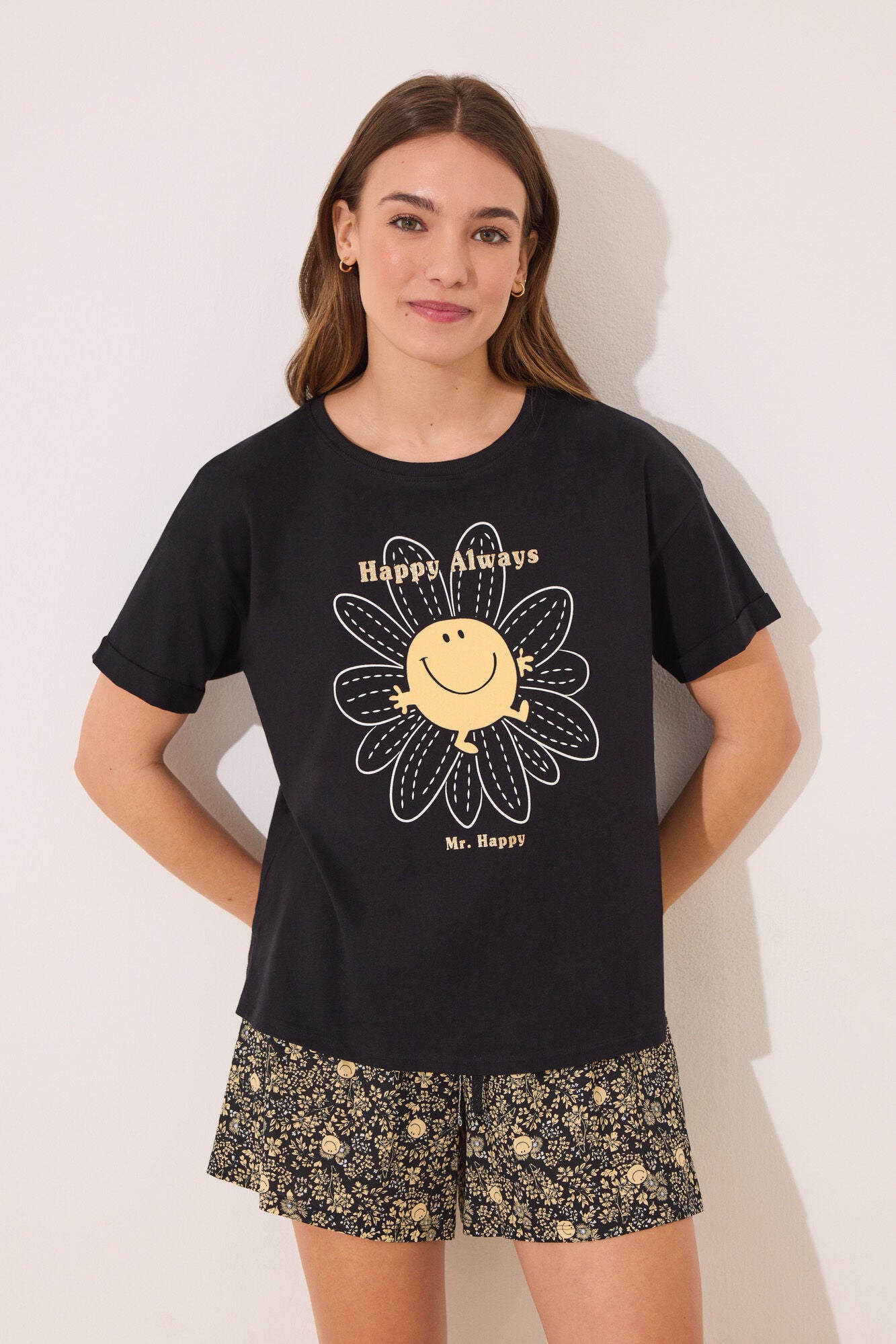 Smiley black cotton short pyjamas