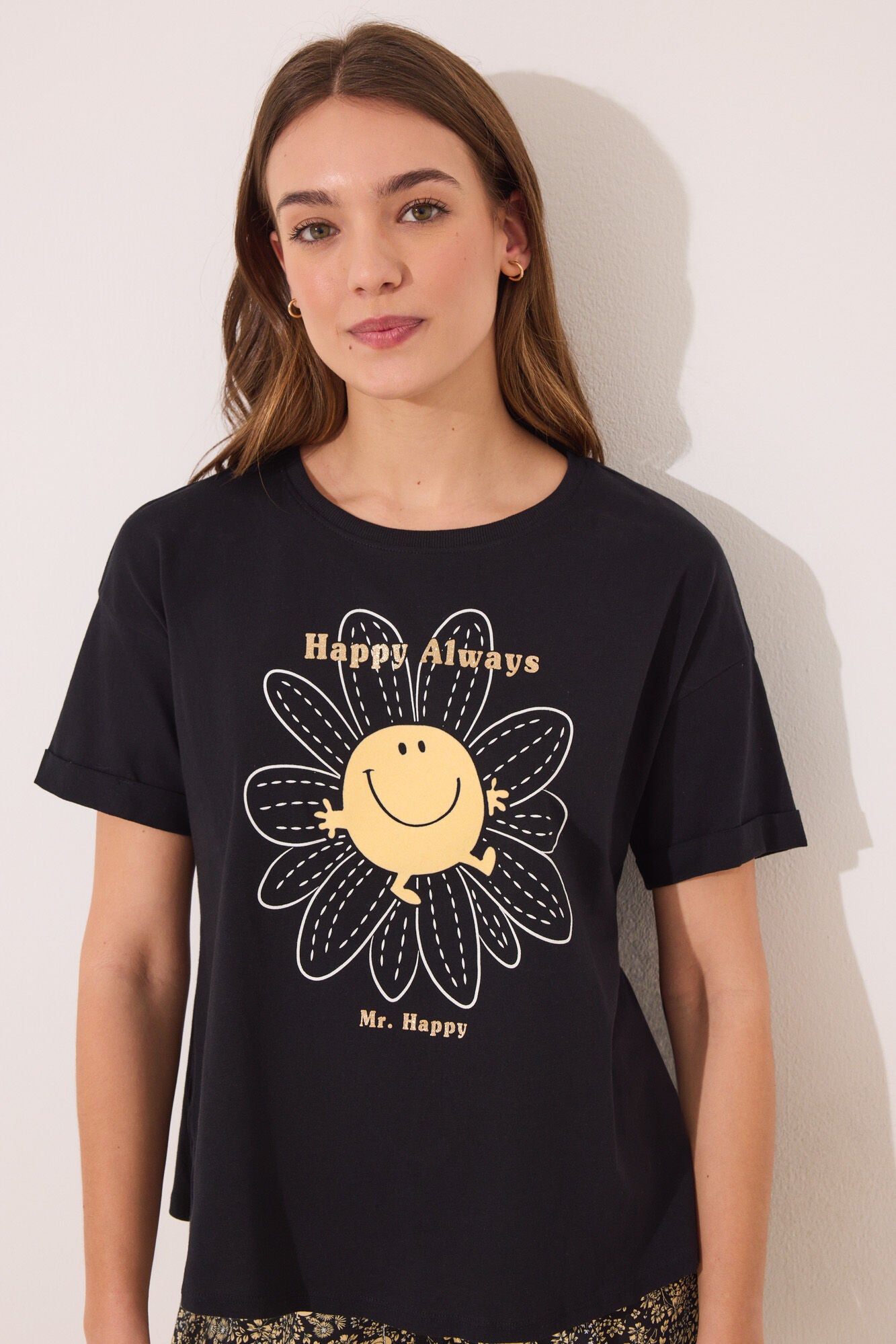 Smiley black cotton short pyjamas