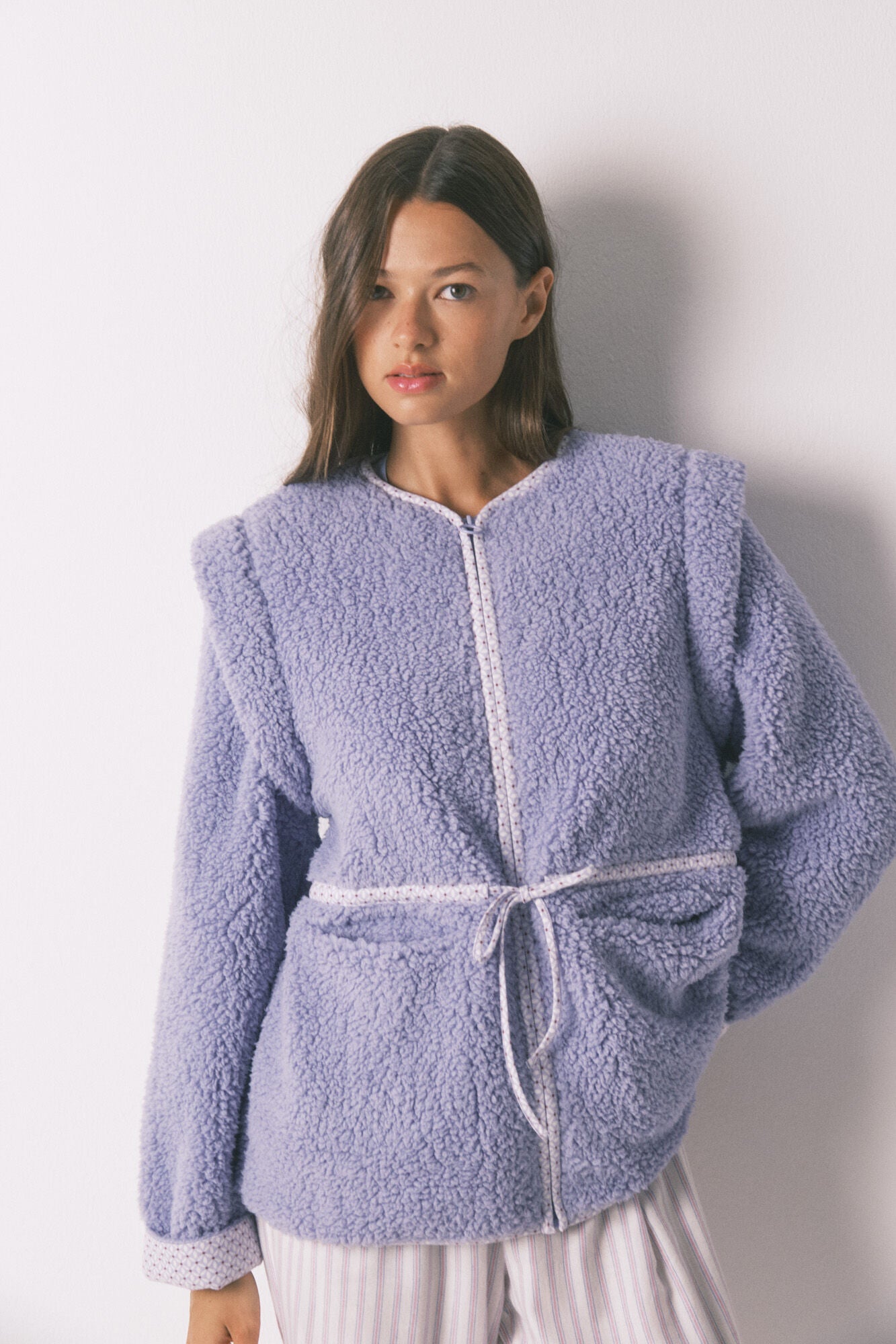 Short lilac sheepskin coat