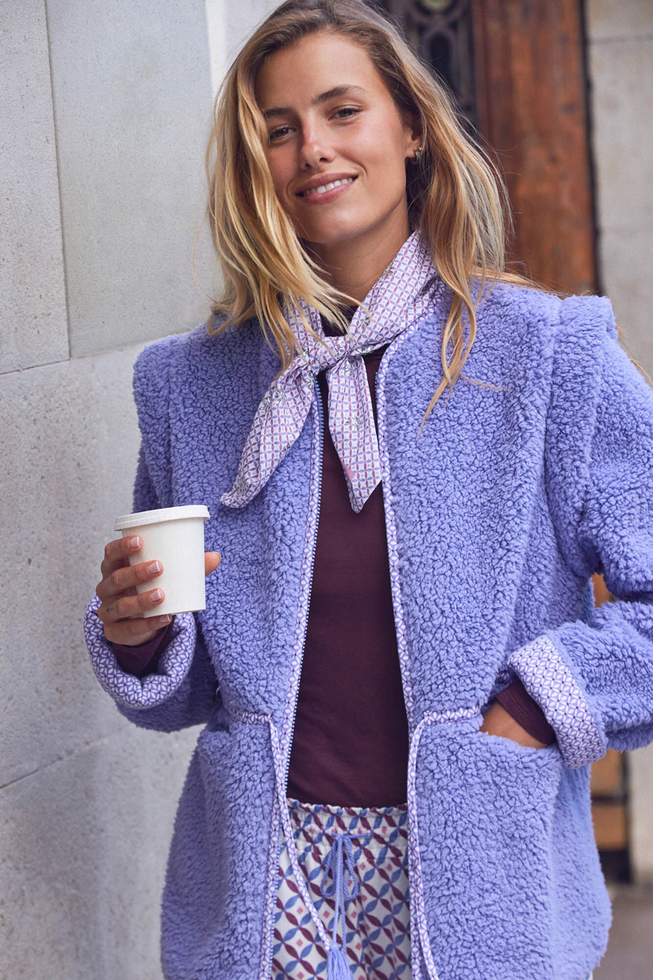 Short lilac sheepskin coat