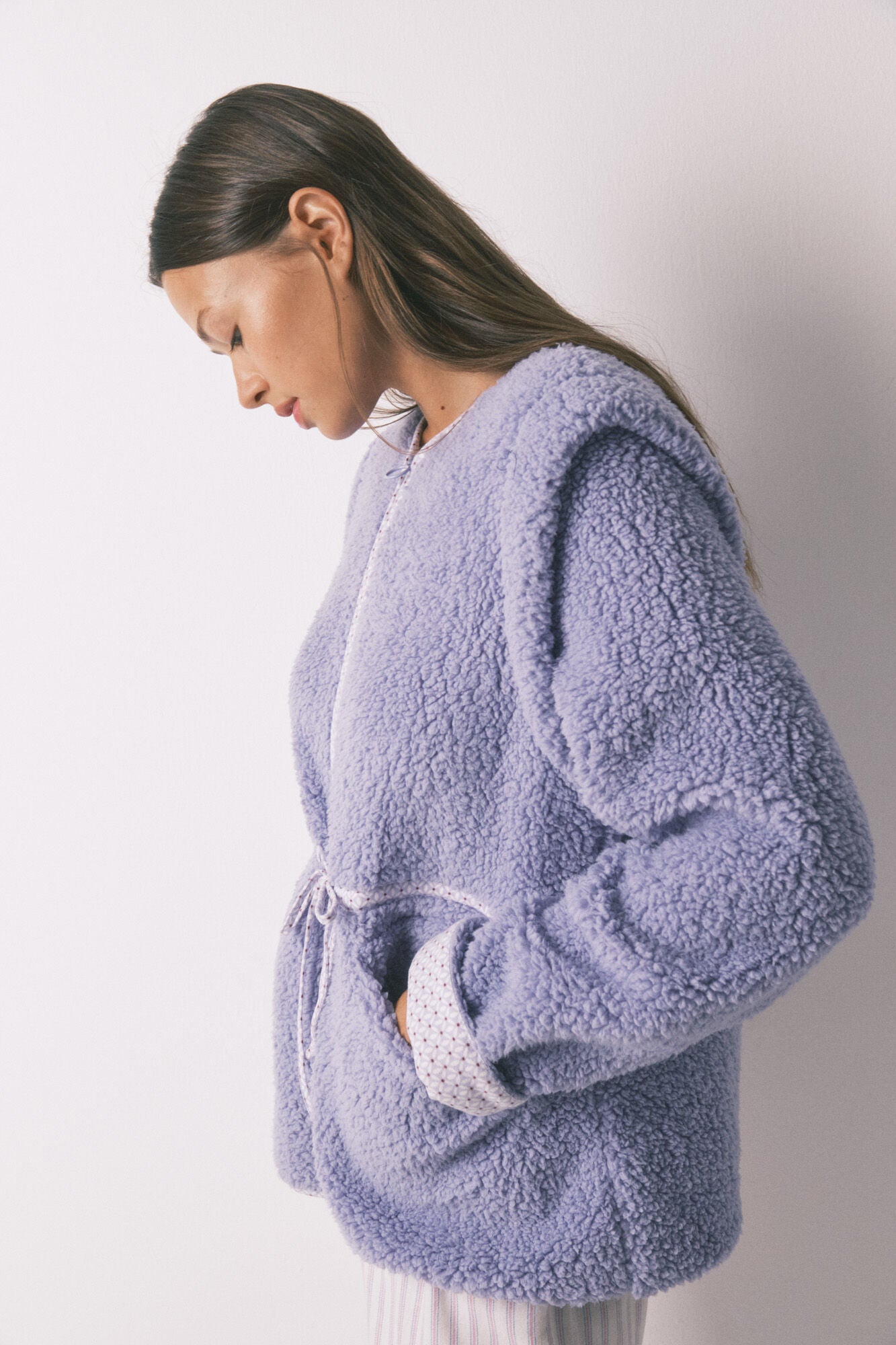 Short lilac sheepskin coat