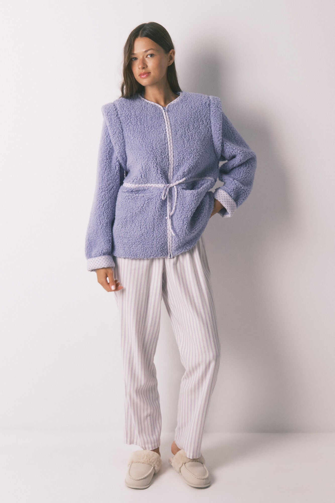 Short lilac sheepskin coat