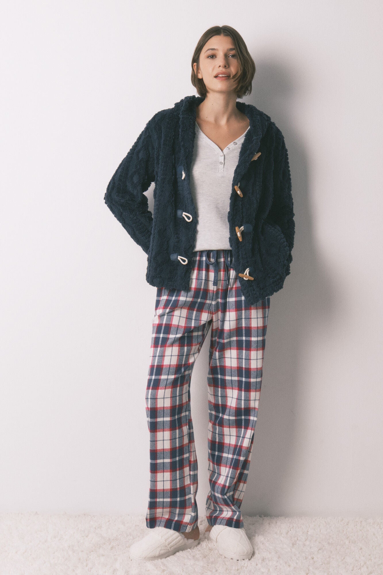 Short soft blue fleece hooded robe