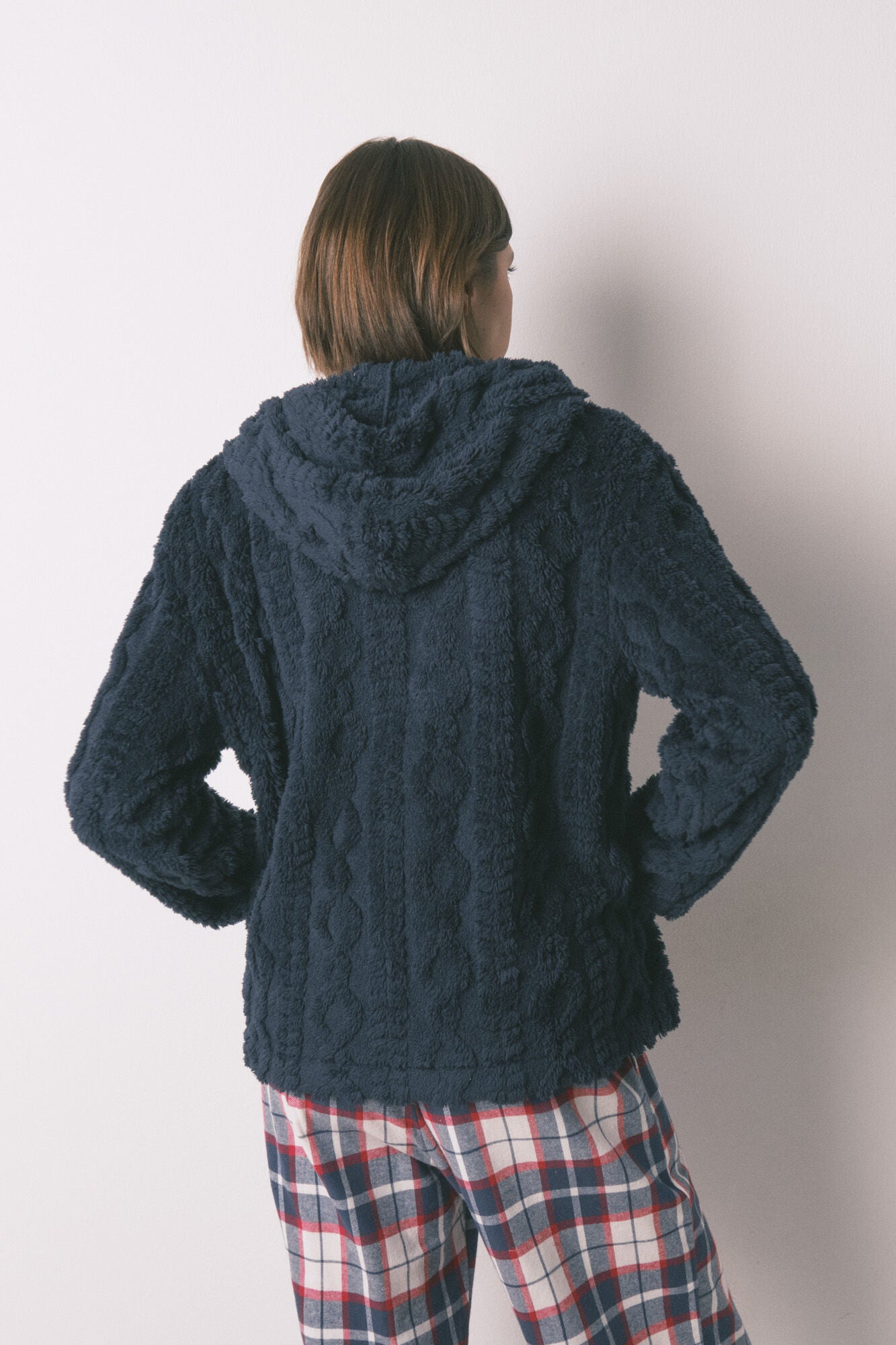 Short soft blue fleece hooded robe