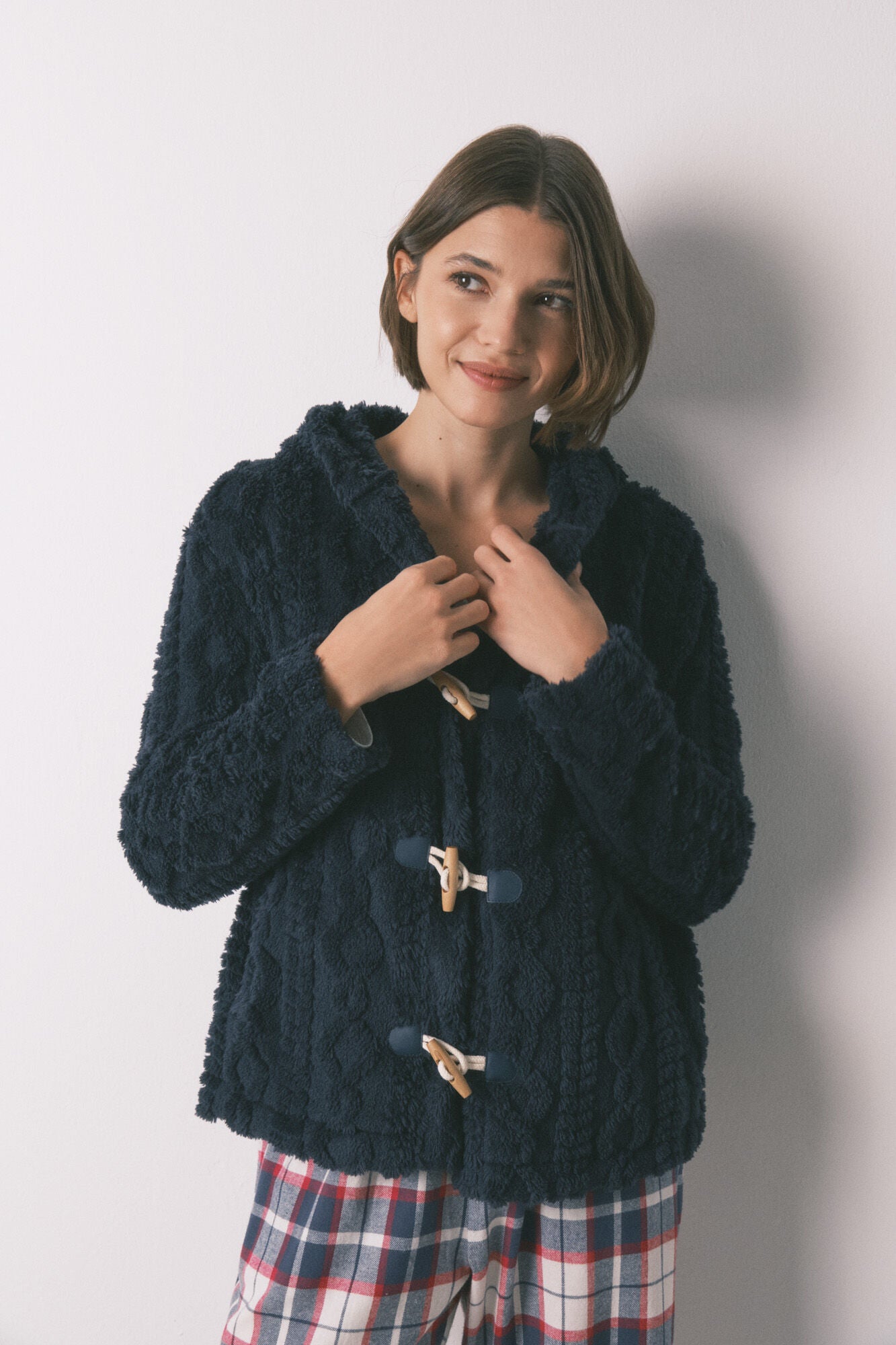 Short soft blue fleece hooded robe