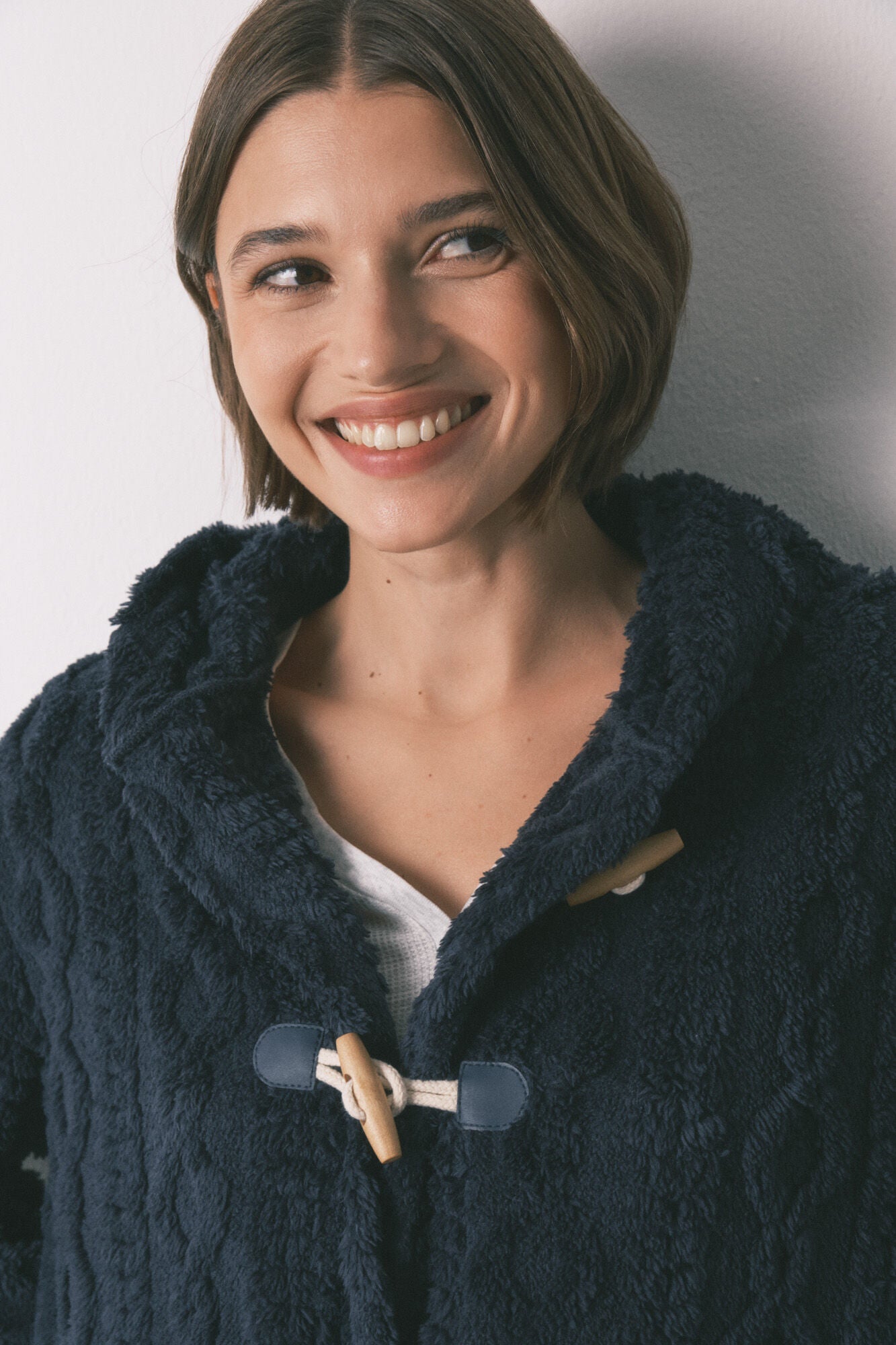 Short soft blue fleece hooded robe