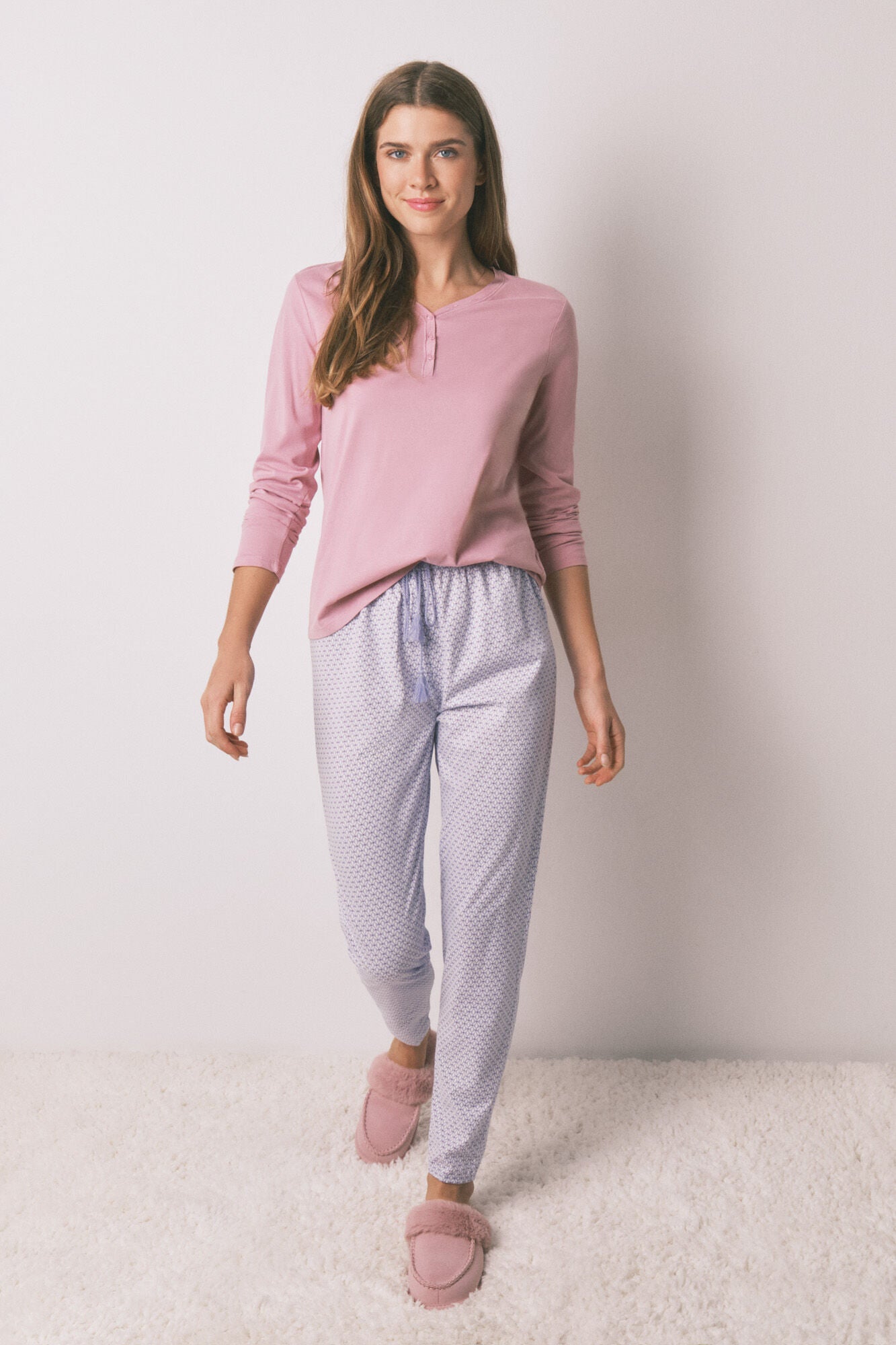 Pink brushed cotton long-sleeved T-shirt