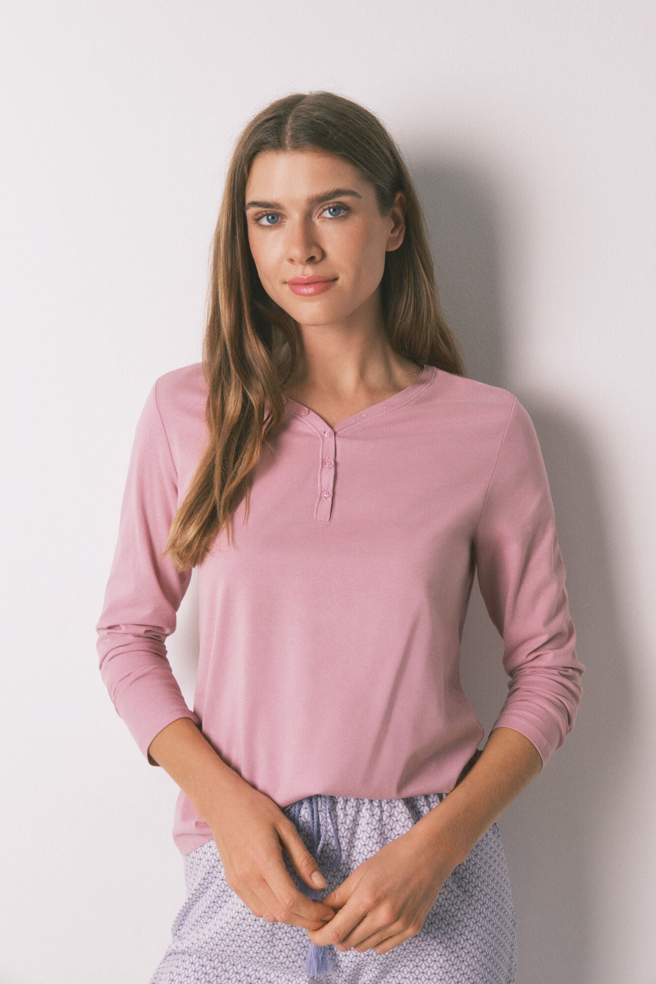 Pink brushed cotton long-sleeved T-shirt