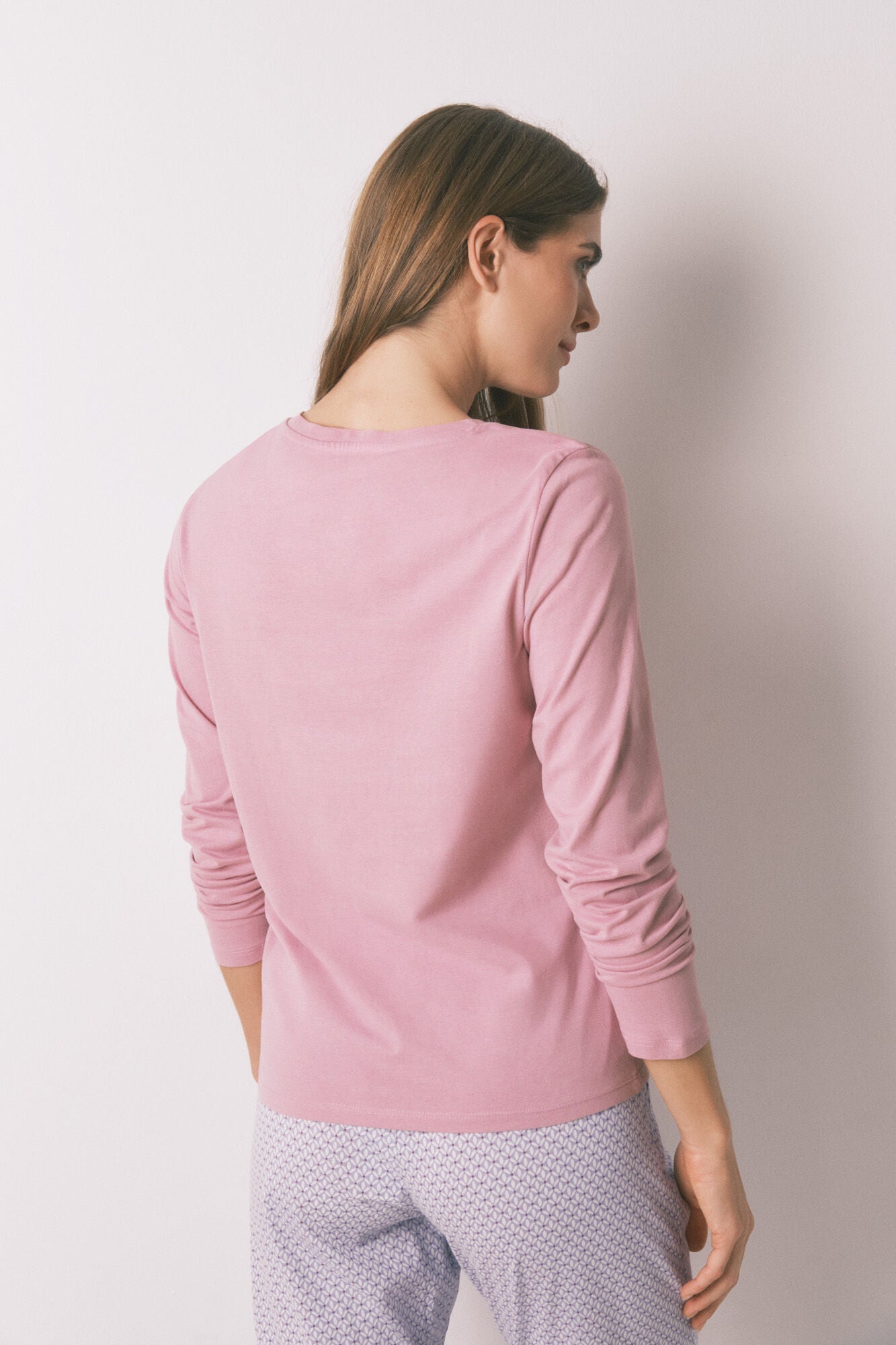 Pink brushed cotton long-sleeved T-shirt