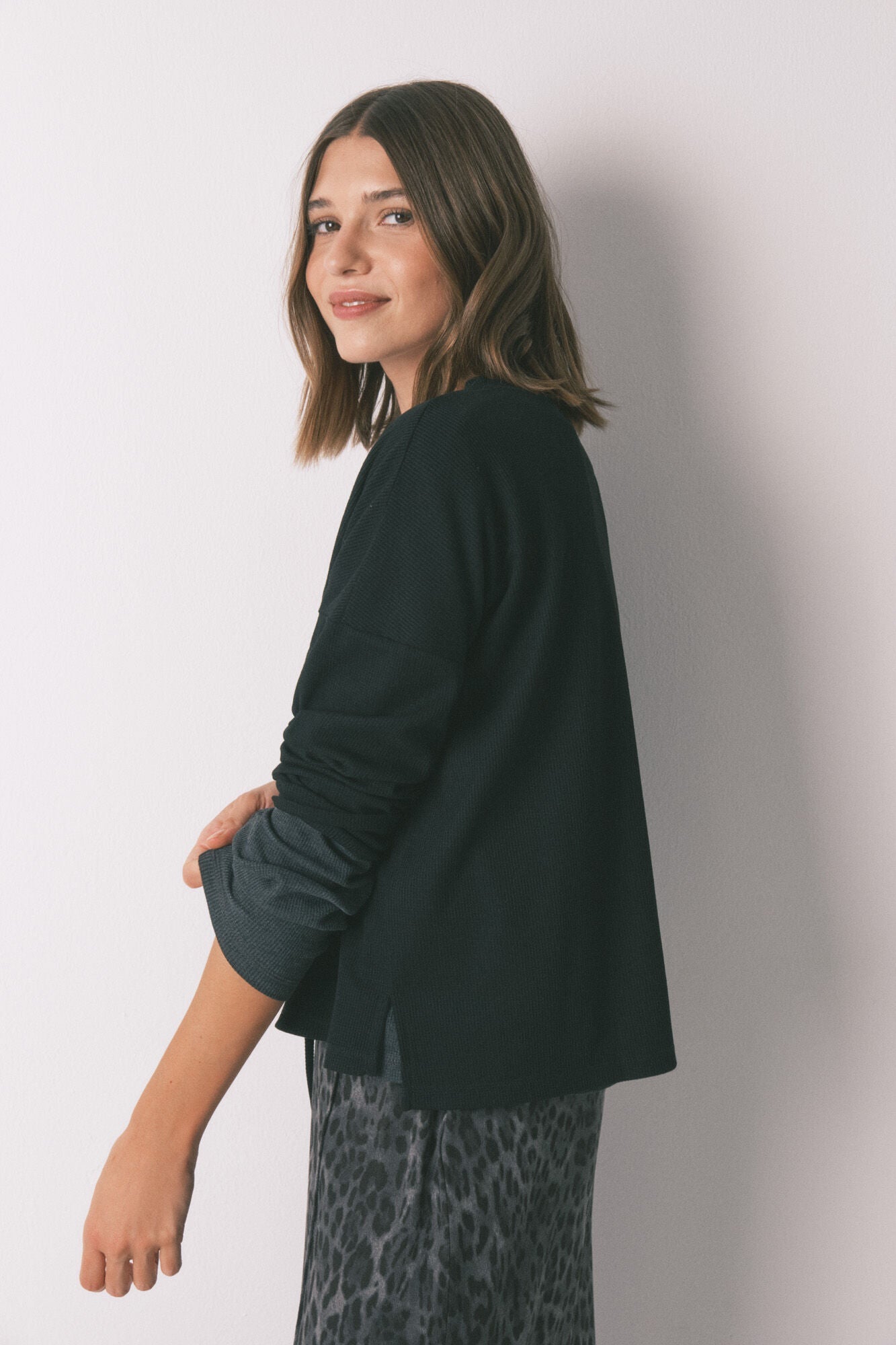 Black waffle long sleeve t-shirt