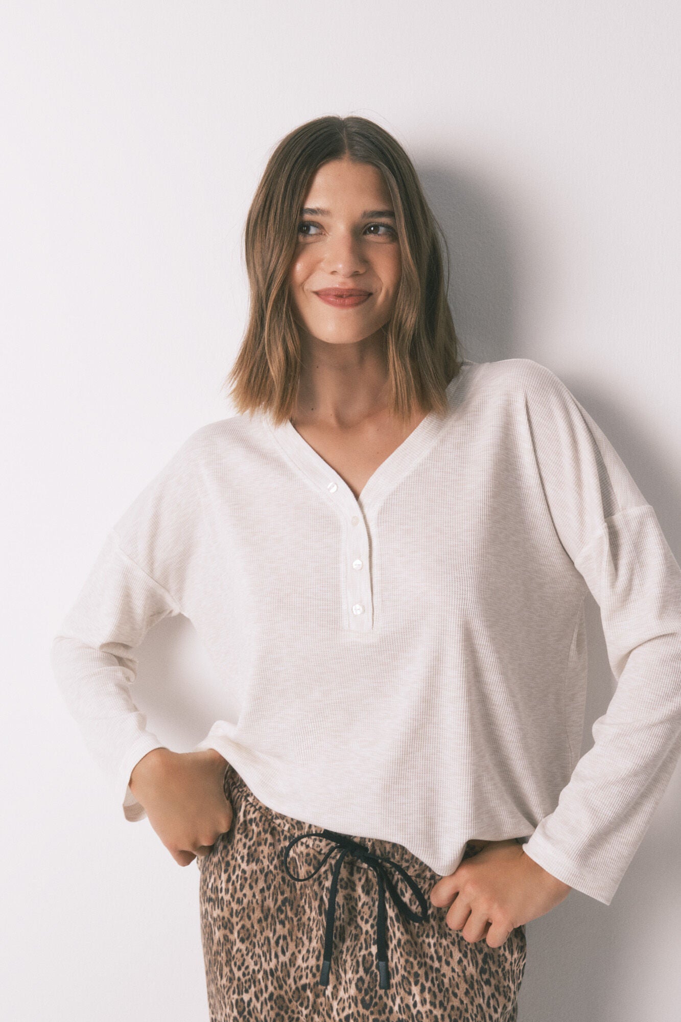 Ivory waffle long-sleeved t-shirt